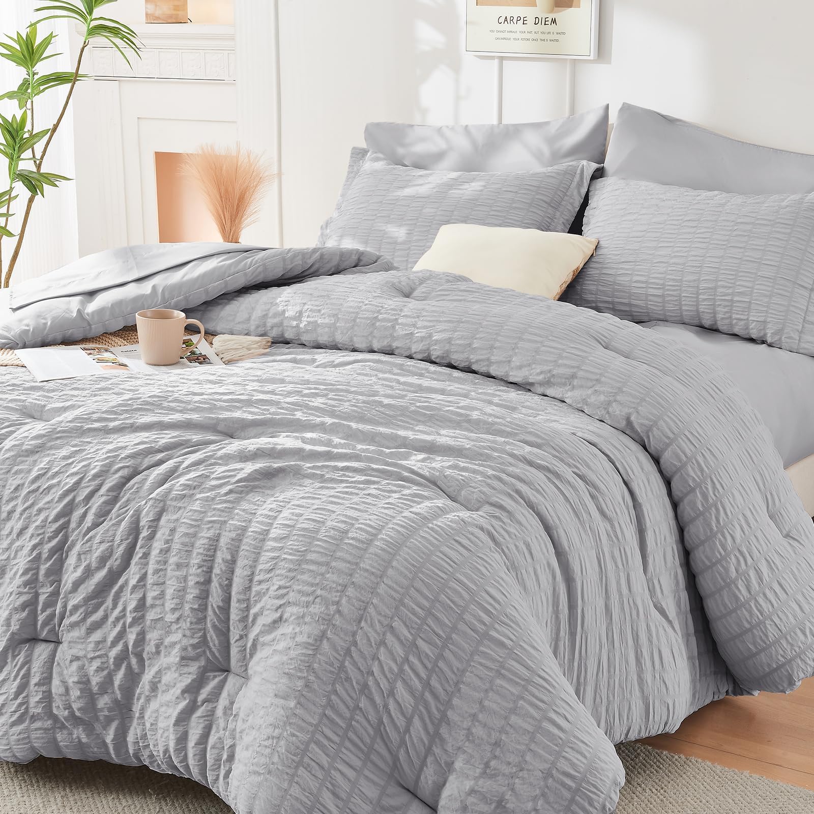 HYMOKEGE Twin XL Comforter Set Seersucker 5 Pieces, All Season Luxury Bed in a Bag for Bedroom, Bedding Set with Comforter, Sheet, Pillowcase & Sham, Dark Grey