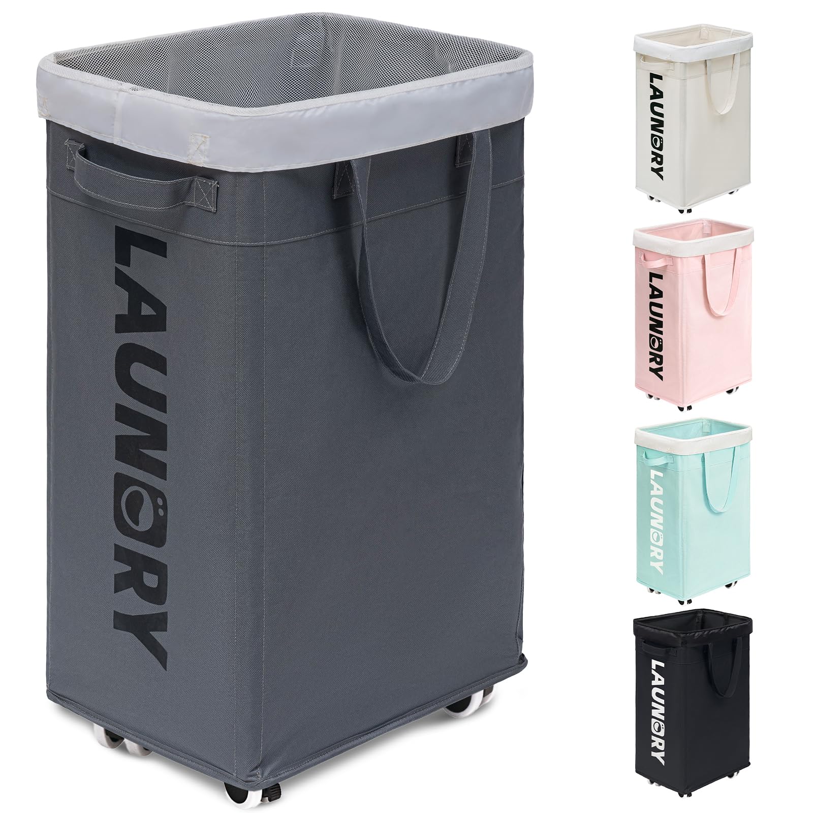 Goodpick Pink Laundry Basket with Wheels, Dorm Room Essentials for Girls, 75L Collapsible Laundry Basket, Laundry Hamper with Handle for College Dorm