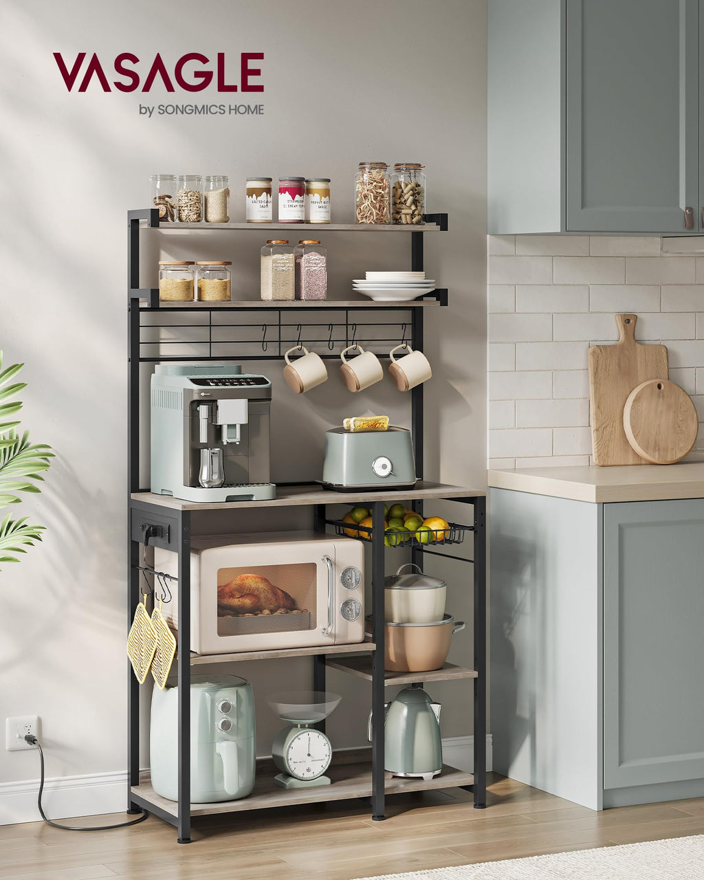VASAGLE Kitchen Bakers Rack with Power Outlet, Coffee Bar with 35.4-Inch High Worktop, Microwave Stand with 8 Hooks, 15.7 x 31.5 x 66.9 Inches, Golden Oak and Cloud White UKKS059Y01