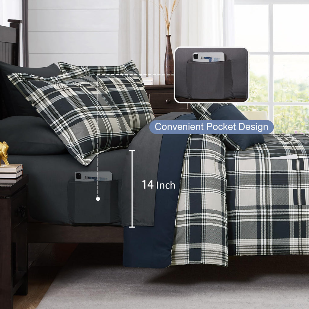 MaiRêve Plaid Twin XL Comforter Set Navy Blue 5 Pieces Dorm Bed in a Bag | Rustic Farmhouse Bedding Sets for Boys Teen with Sheets, Pillowcase & Sham