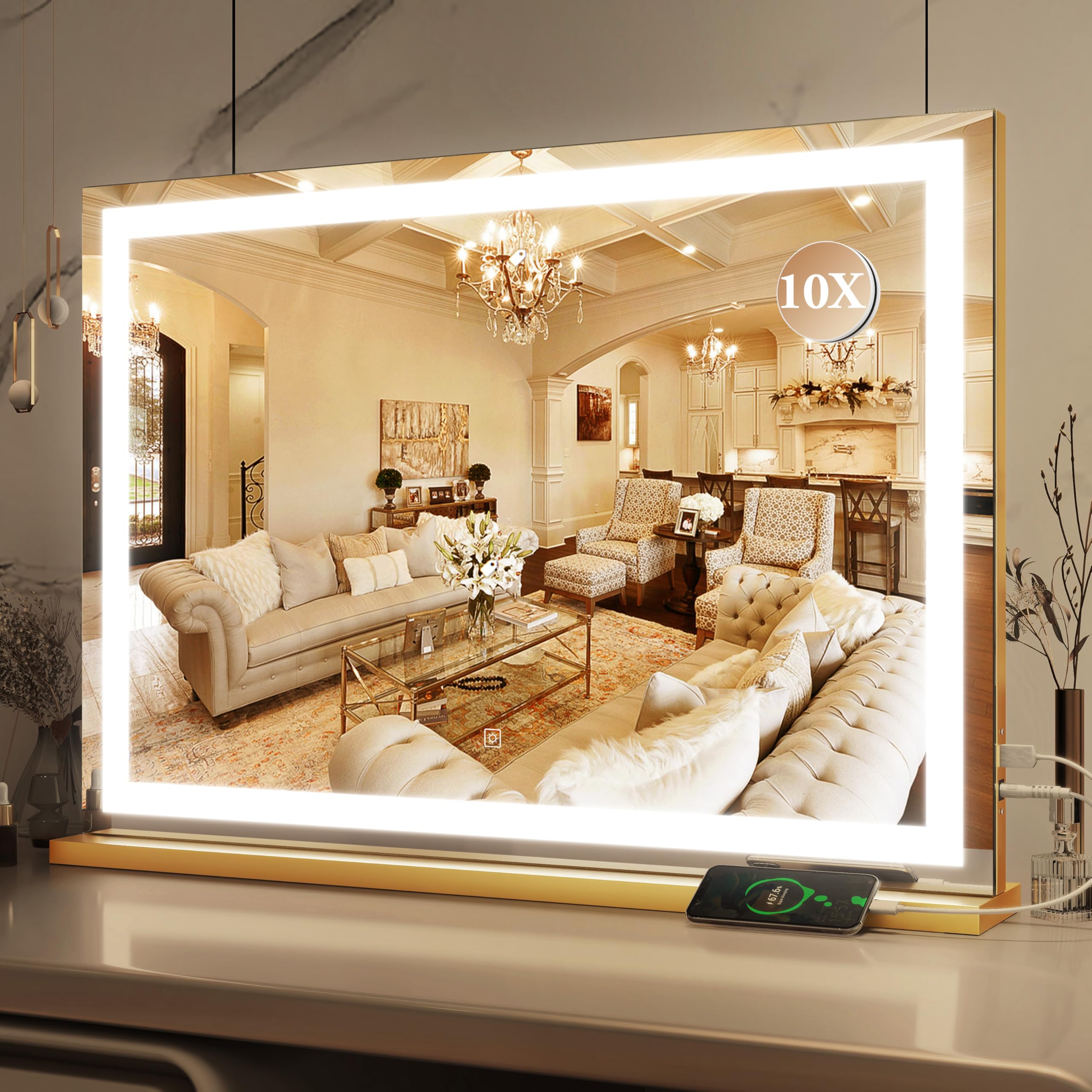ROLOVE Vanity Mirror with Lights, 12.6"x15" LED Makeup Mirror with Lights, Smart Touch Control 3 Color Dimmable, Lighted Desk Mirror for Bedroom, Light Up Mirror