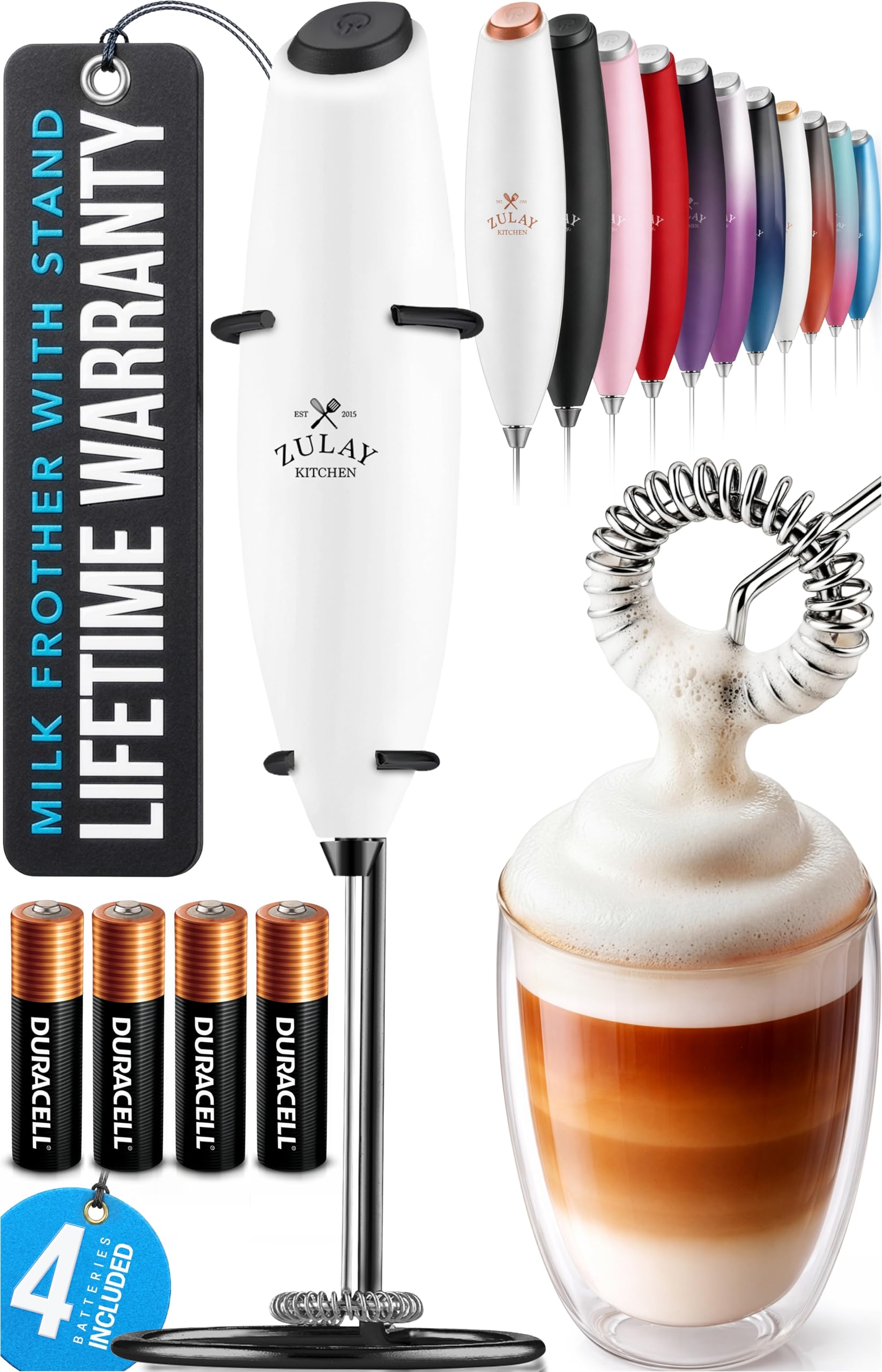 Zulay Kitchen Powerful Milk Frother Wand With Duracell Batteries - Ultra Fast Handheld Drink Mixer - Electric Whisk Foam Maker for Coffee, Lattes, Cappuccino & Matcha - Z1 Motor - Black