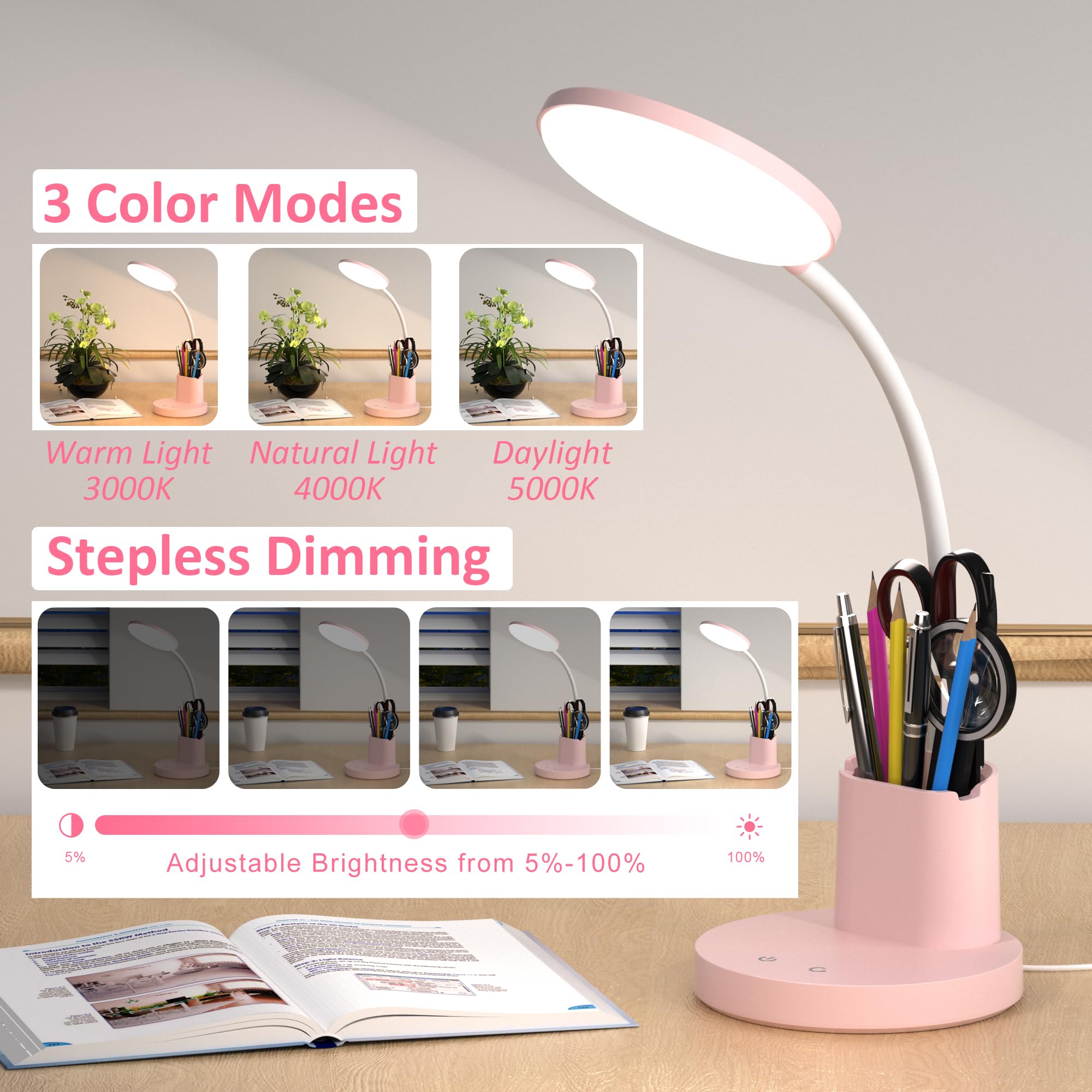 LED Desk Lamp with Wireless Charger for Home Office, Black | 3 Color Modes Dimmable Eye-Caring Study Desk Light for College Dorm Room, 360° Flexible Arm, Built-in Pen Holder, 800 Lumen