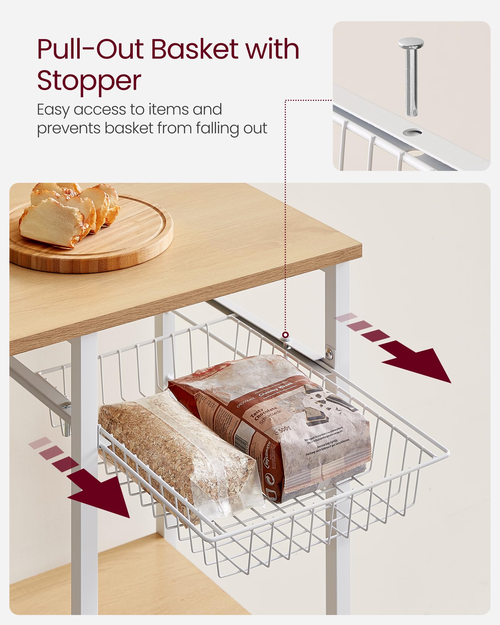 VASAGLE Kitchen Bakers Rack with Power Outlet, Coffee Bar with 35.4-Inch High Worktop, Microwave Stand with 8 Hooks, 15.7 x 31.5 x 66.9 Inches, Golden Oak and Cloud White UKKS059Y01