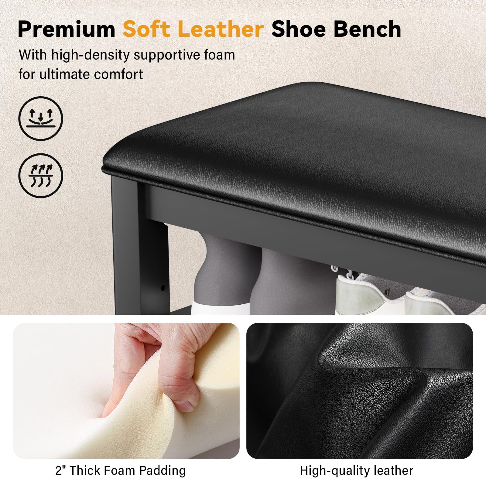 Taitiy Shoe Bench Storage Rubberwood with Leather Cushion for Entryway Bench Ideal for Hallways Shoe Rack Front Doors Entrances Mudrooms Featuring 3 Height-Adjustable and Removable Shelves