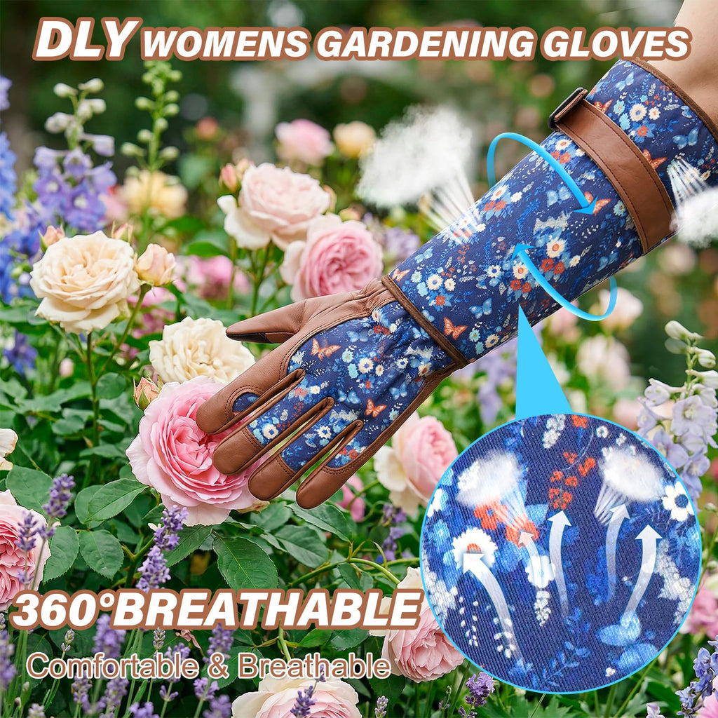 DLY Garden Gloves for Women,Gardening Gloves,Gardening Gift for Lady,Blue,M | Thornproof Cowhide Palm, Foam-Padded Grip, Long Sunflower Print Cuff, 3-Finger Touchscreen, Rose Pruning, Weeding & Yard Work