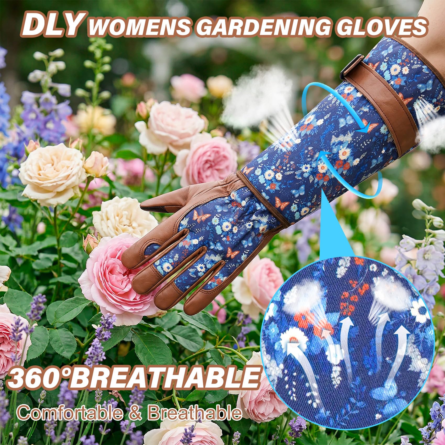 DLY Garden Gloves for Women,Gardening Gloves,Gardening Gift for Lady,Blue,M | Thornproof Cowhide Palm, Foam-Padded Grip, Long Sunflower Print Cuff, 3-Finger Touchscreen, Rose Pruning, Weeding & Yard Work