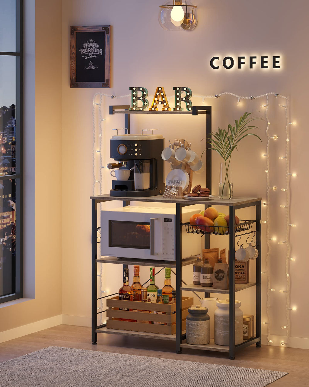 VASAGLE Kitchen Bakers Rack with Power Outlet, Coffee Bar with 35.4-Inch High Worktop, Microwave Stand with 8 Hooks, 15.7 x 31.5 x 66.9 Inches, Golden Oak and Cloud White UKKS059Y01
