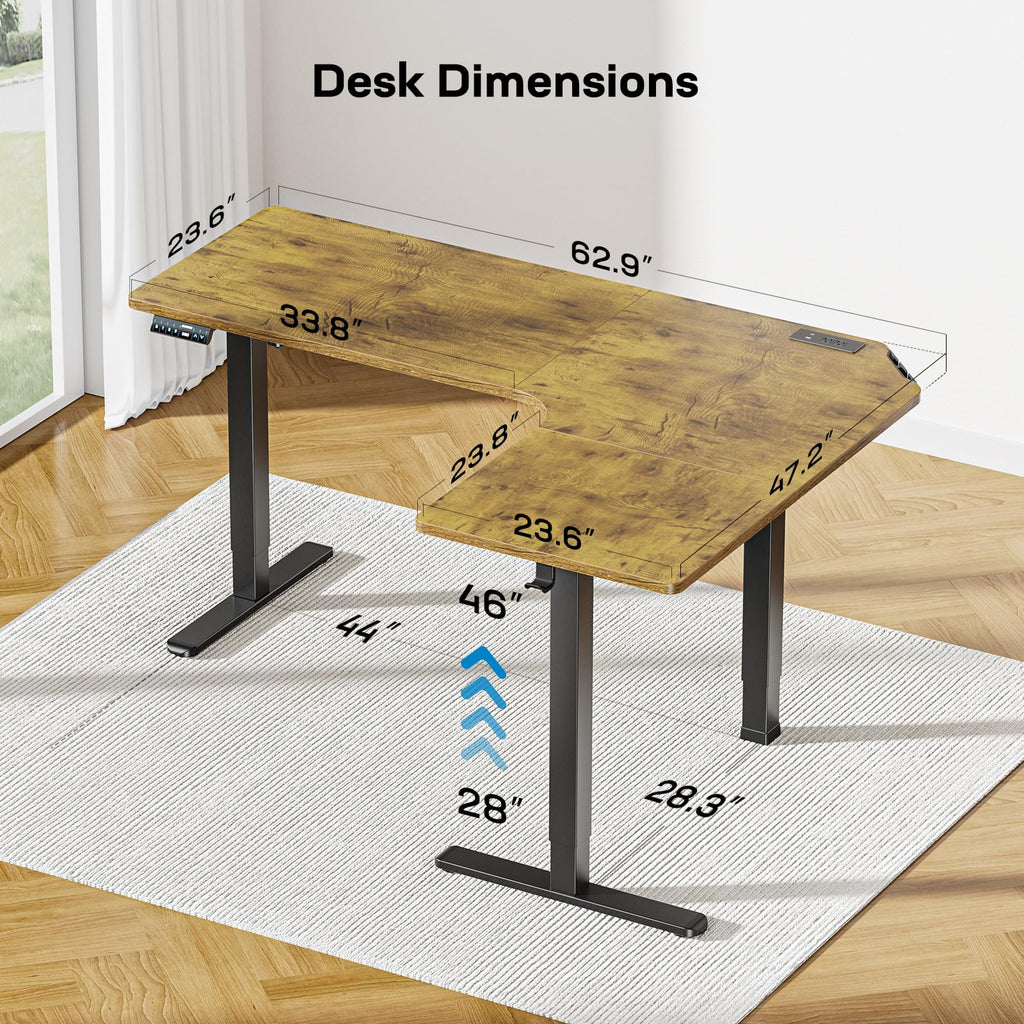 HUANUO 63″ L-Shaped Standing Desk, Built-in Power Outlets, Electric Height Adjustable Corner Computer Desk, Large Power Strip Holder, Sit Stand Up Desk with 3 Preset Heights, Black