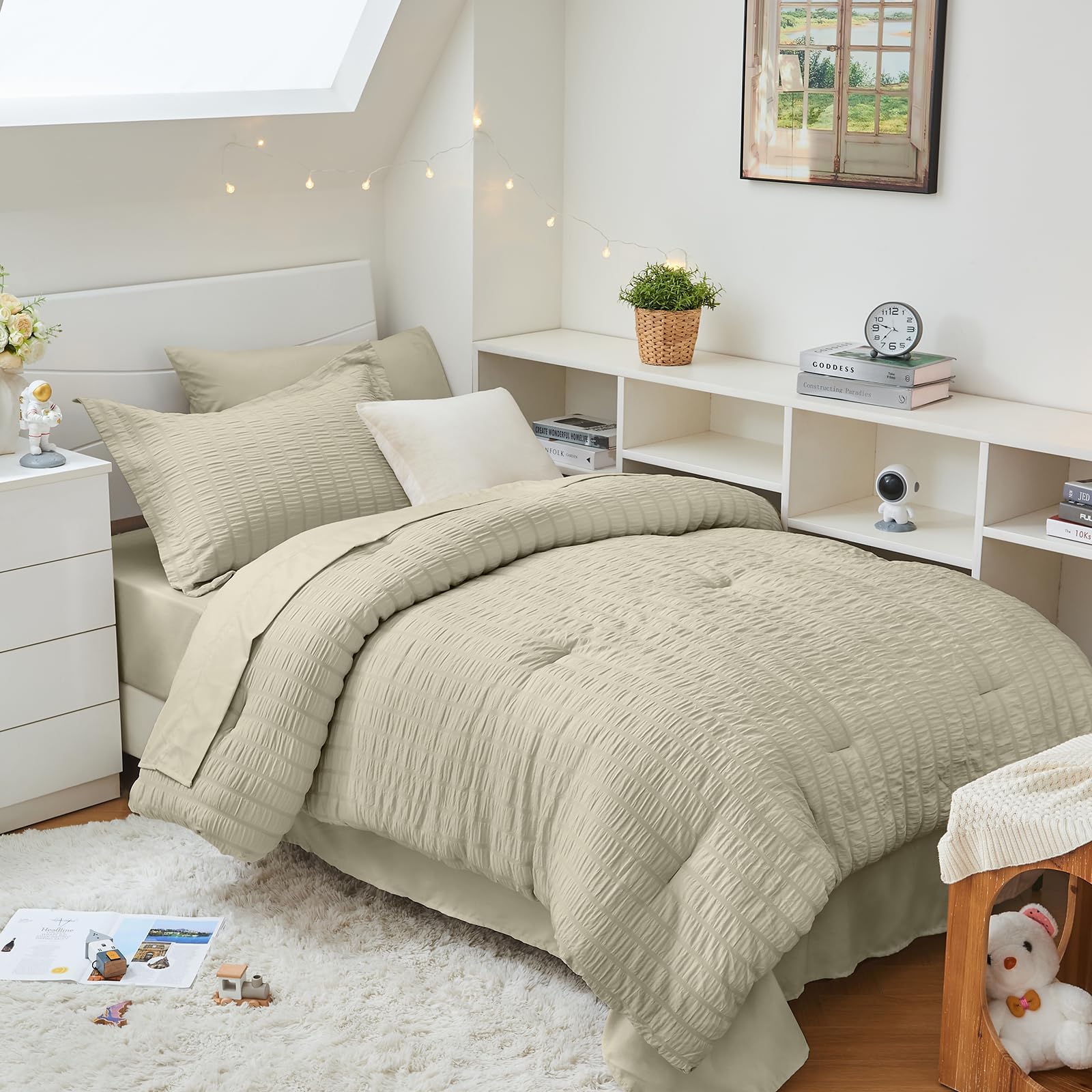 HYMOKEGE Twin XL Comforter Set Seersucker 5 Pieces, All Season Luxury Bed in a Bag for Bedroom, Bedding Set with Comforter, Sheet, Pillowcase & Sham, Dark Grey