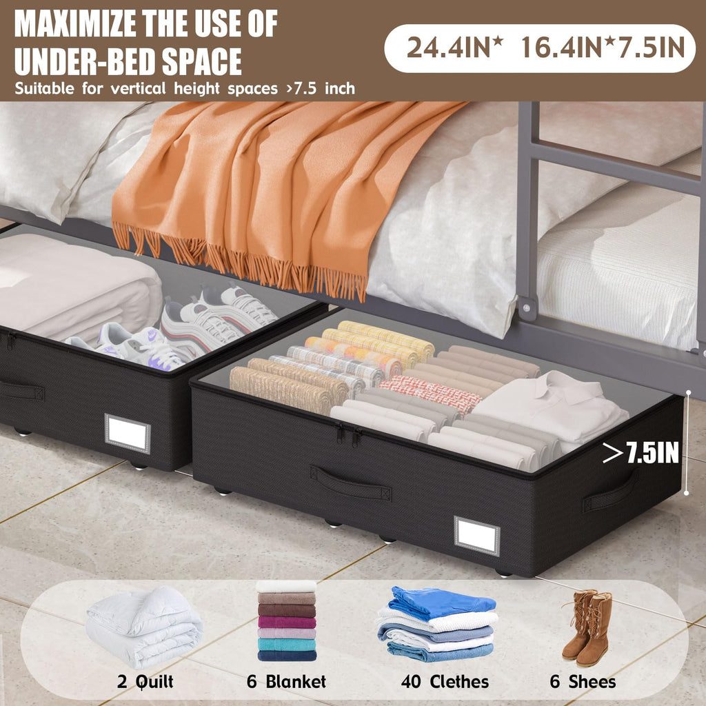 EE-RoomWorld Under Bed Storage with Wheels, No Assemble Required 10 inches height Under Bed Storage bins,Large capacity Rolling Underbed Shoe Storage containers，dorm underbed storage drawers