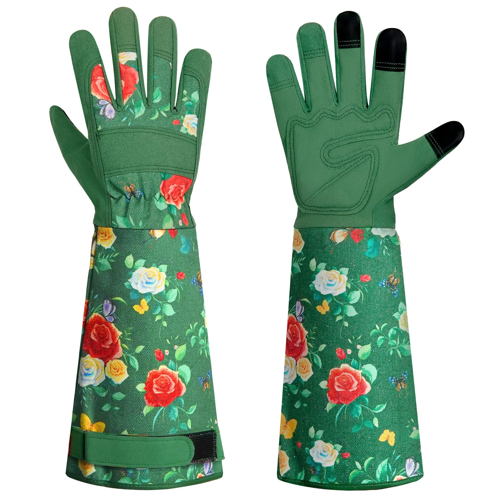 DLY Garden Gloves for Women,Gardening Gloves,Gardening Gift for Lady,Blue,M | Thornproof Cowhide Palm, Foam-Padded Grip, Long Sunflower Print Cuff, 3-Finger Touchscreen, Rose Pruning, Weeding & Yard Work