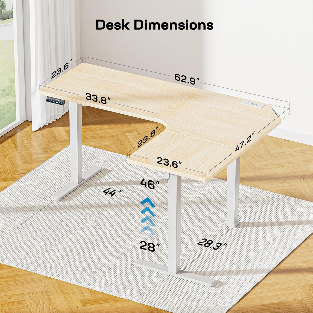 HUANUO 63″ L-Shaped Standing Desk, Built-in Power Outlets, Electric Height Adjustable Corner Computer Desk, Large Power Strip Holder, Sit Stand Up Desk with 3 Preset Heights, Black