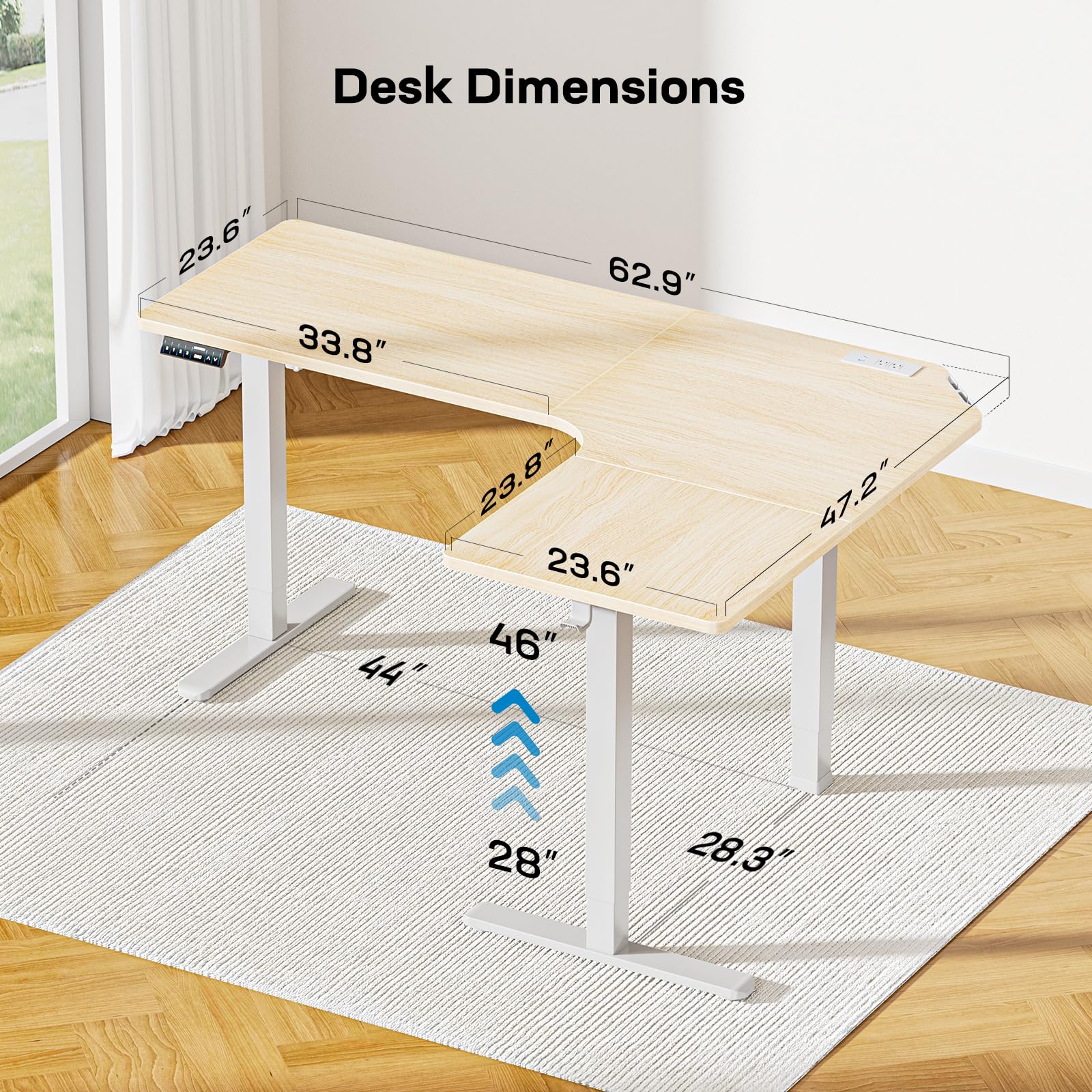 HUANUO 63″ L-Shaped Standing Desk, Built-in Power Outlets, Electric Height Adjustable Corner Computer Desk, Large Power Strip Holder, Sit Stand Up Desk with 3 Preset Heights, Black