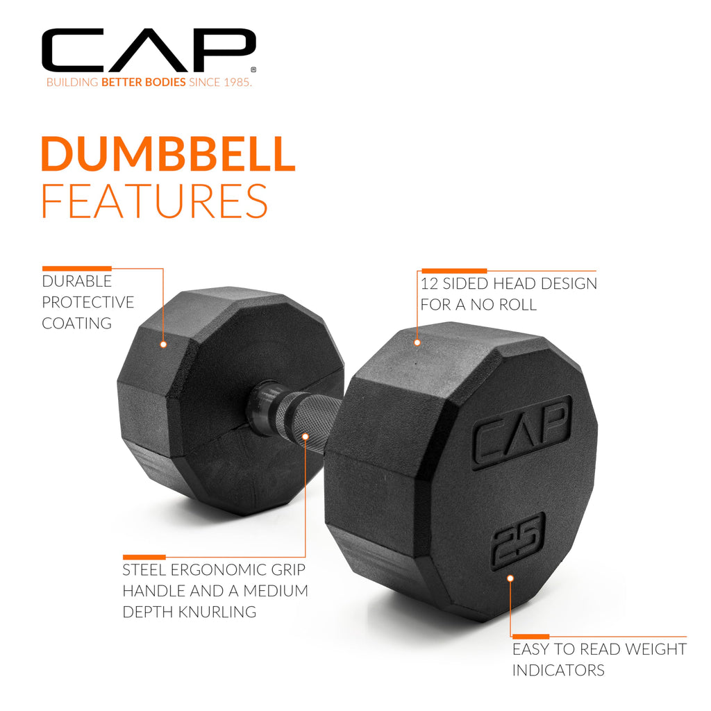 CAP Rubber Coated Hex Dumbbell Set with Storage Rack | 100–210 lb Options, Space-Saving Vertical Compact Storage for Home Gym Strength Training