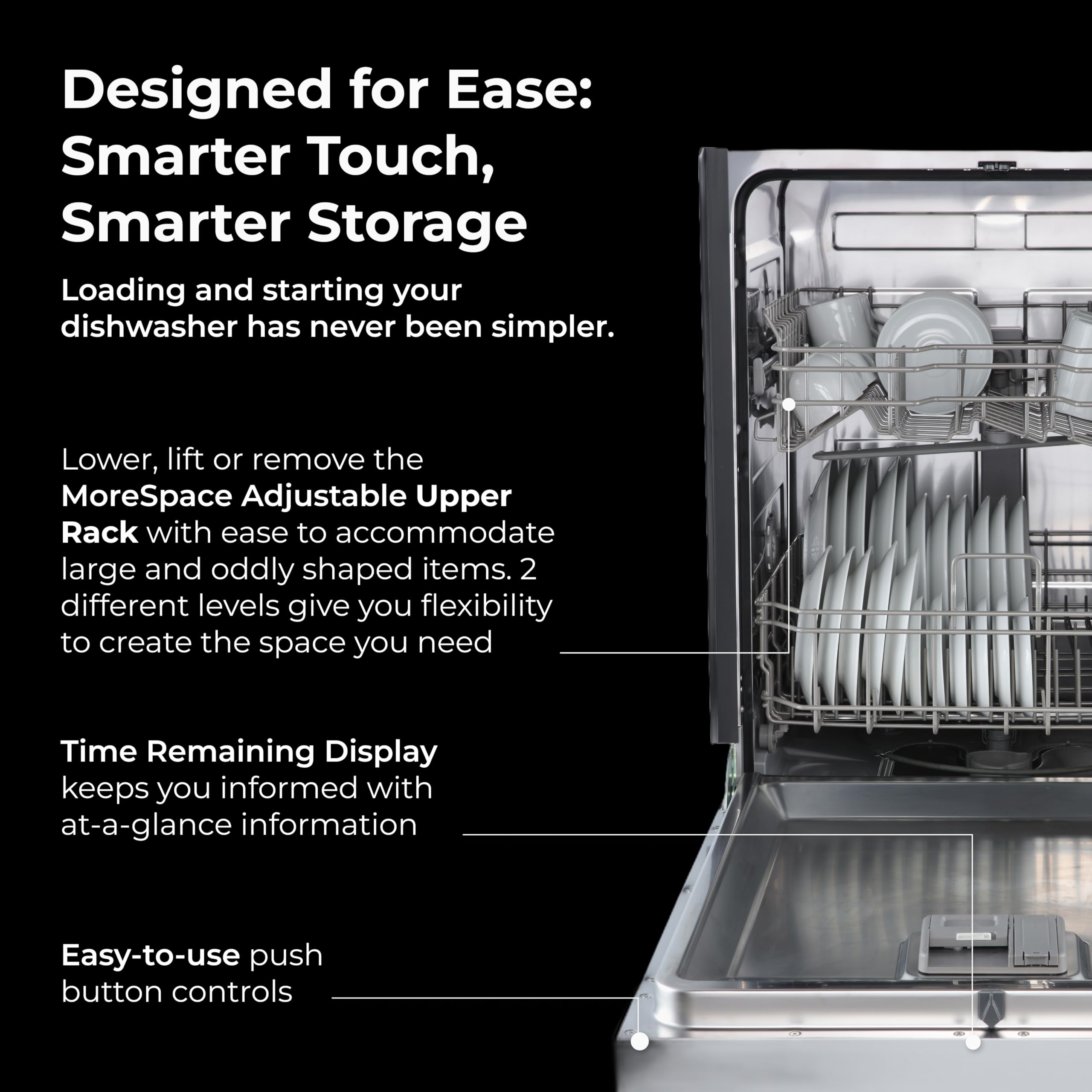 Kenmore 24" Hybrid Tub Dishwasher - Black | 54 DBA - MoreSpace Adjustable Rack, UltraWash, High Temp & SmartWash - 12 Place Settings - ENERGY STAR Certified