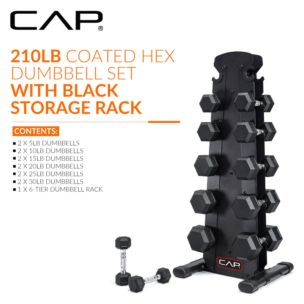 CAP Rubber Coated Hex Dumbbell Set with Storage Rack | 100–210 lb Options, Space-Saving Vertical Compact Storage for Home Gym Strength Training