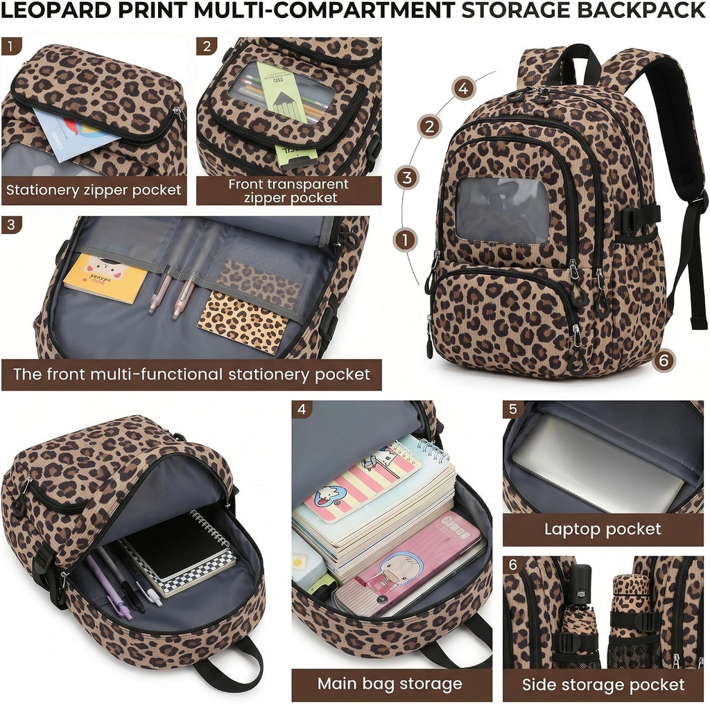 Corduroy School Backpack Set for Girls Boys Women, 3Pcs Kids Bookbag with Lunch Box & Pencil Pouch, Elementary Middle High School College Daypack 15.6" Laptop Bag for Work Travel, Leopard Brown