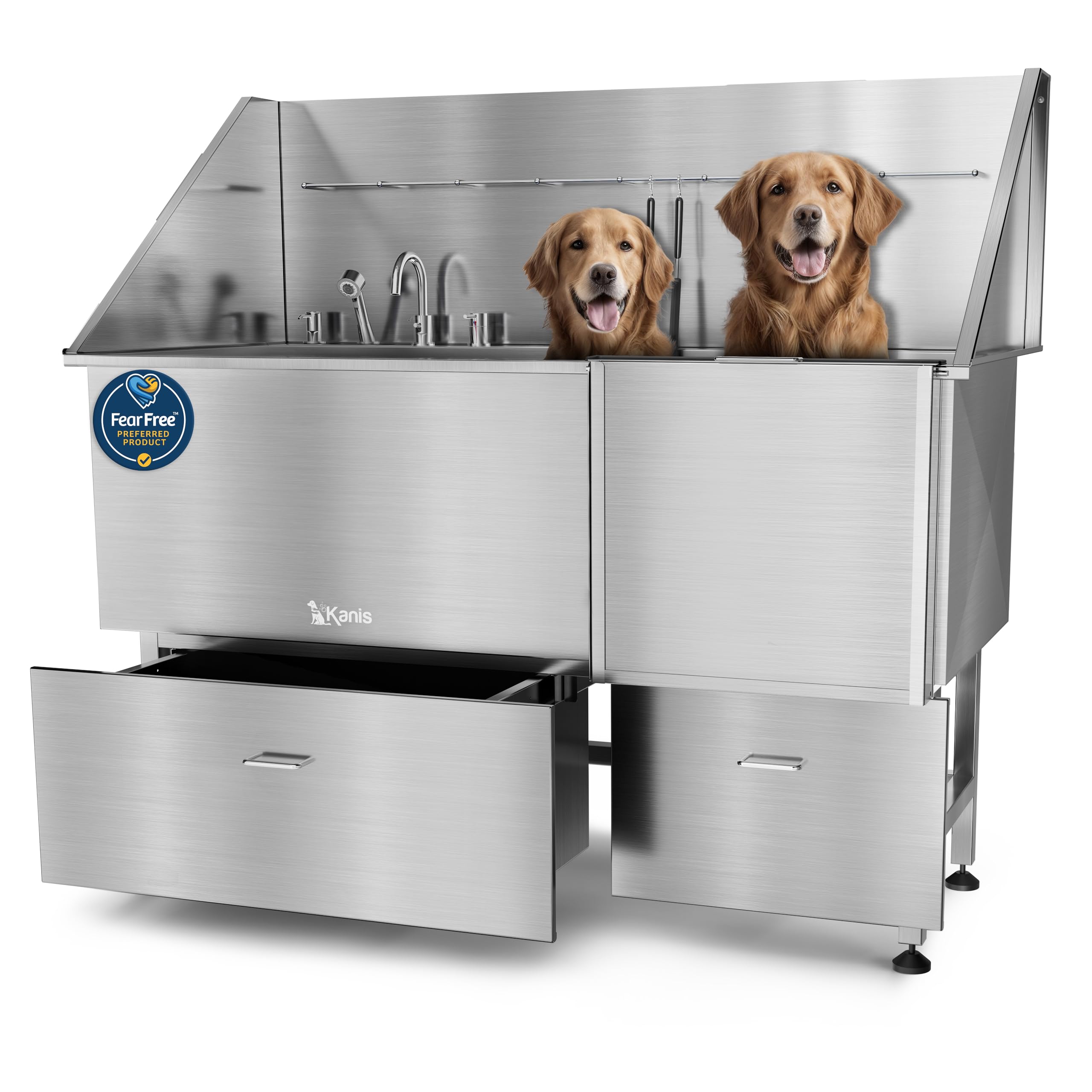 KANIS Professional Dog Washing Station 304 Stainless Steel Pet Wash Sink & Grooming Bathtub w/Shower, Floor Grates and Storage for Large, Medium & Small Pets (Silver, 50 Inches, Right Ramp, 1 Drawer)