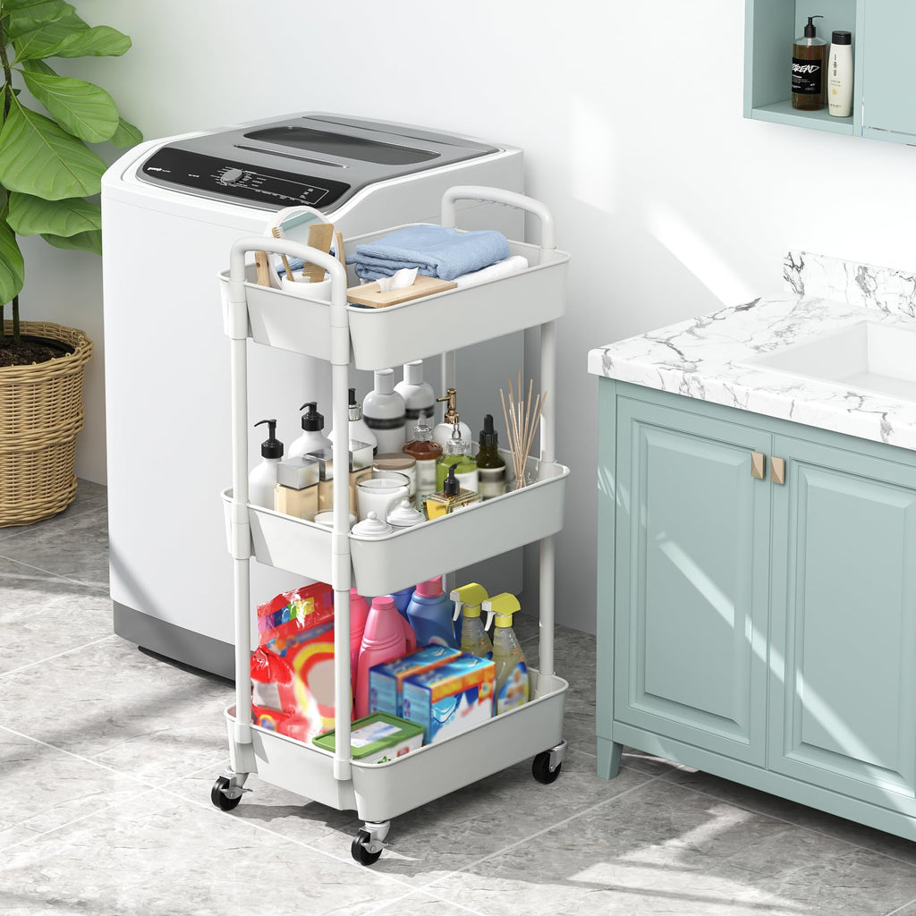 Sywhitta 3-Tier Plastic Rolling Utility Cart with Handle, Multi-Functional Storage Trolley for Office, Living Room, Kitchen, Movable Storage Organizer with Wheels, Black