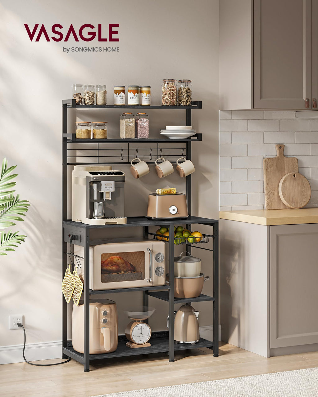 VASAGLE Kitchen Bakers Rack with Power Outlet, Coffee Bar with 35.4-Inch High Worktop, Microwave Stand with 8 Hooks, 15.7 x 31.5 x 66.9 Inches, Golden Oak and Cloud White UKKS059Y01