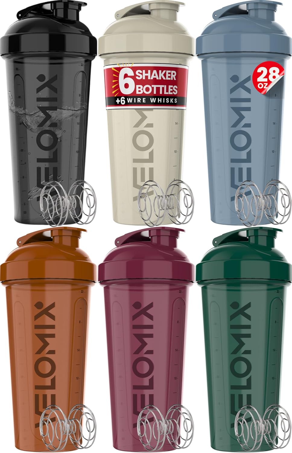 VELOMIX 6 Pack 28 oz Protein Shaker Bottle for Mixes - 6 Wire Whisk Balls | Leak Proof Cups for Supplements | BPA-Free Gym & Fitness (Earth Tones Collection)