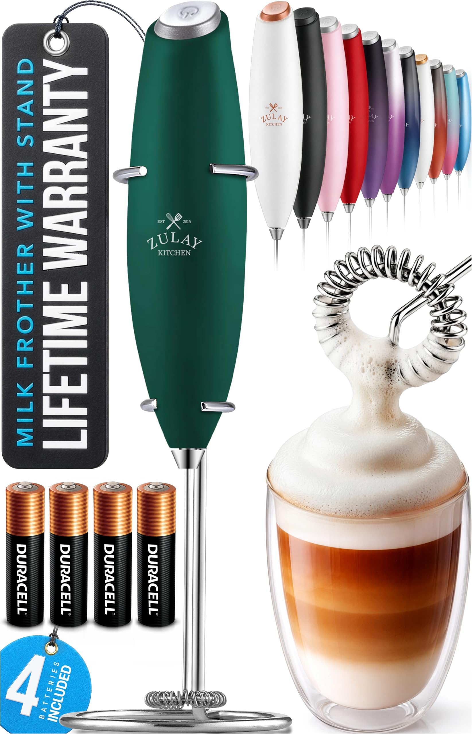 Zulay Kitchen Powerful Milk Frother Wand With Duracell Batteries - Ultra Fast Handheld Drink Mixer - Electric Whisk Foam Maker for Coffee, Lattes, Cappuccino & Matcha - Z1 Motor - Black