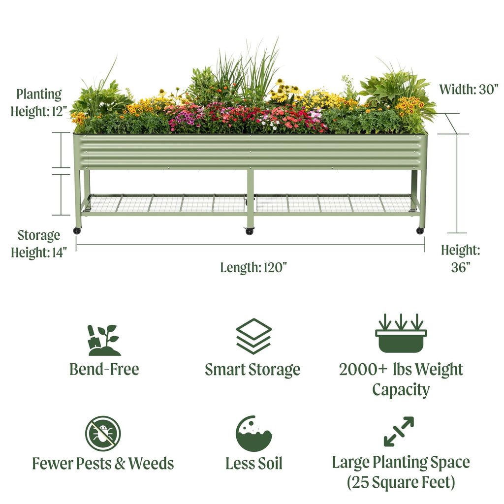 Rolling Elevated Raised Garden Bed, 2' x 4' Outdoor Planters Boxes with Legs & Storage Rack for Patio, 700 Lbs Weight Capacity, Raised Beds for Gardening Herbs Flowers, Pearl White