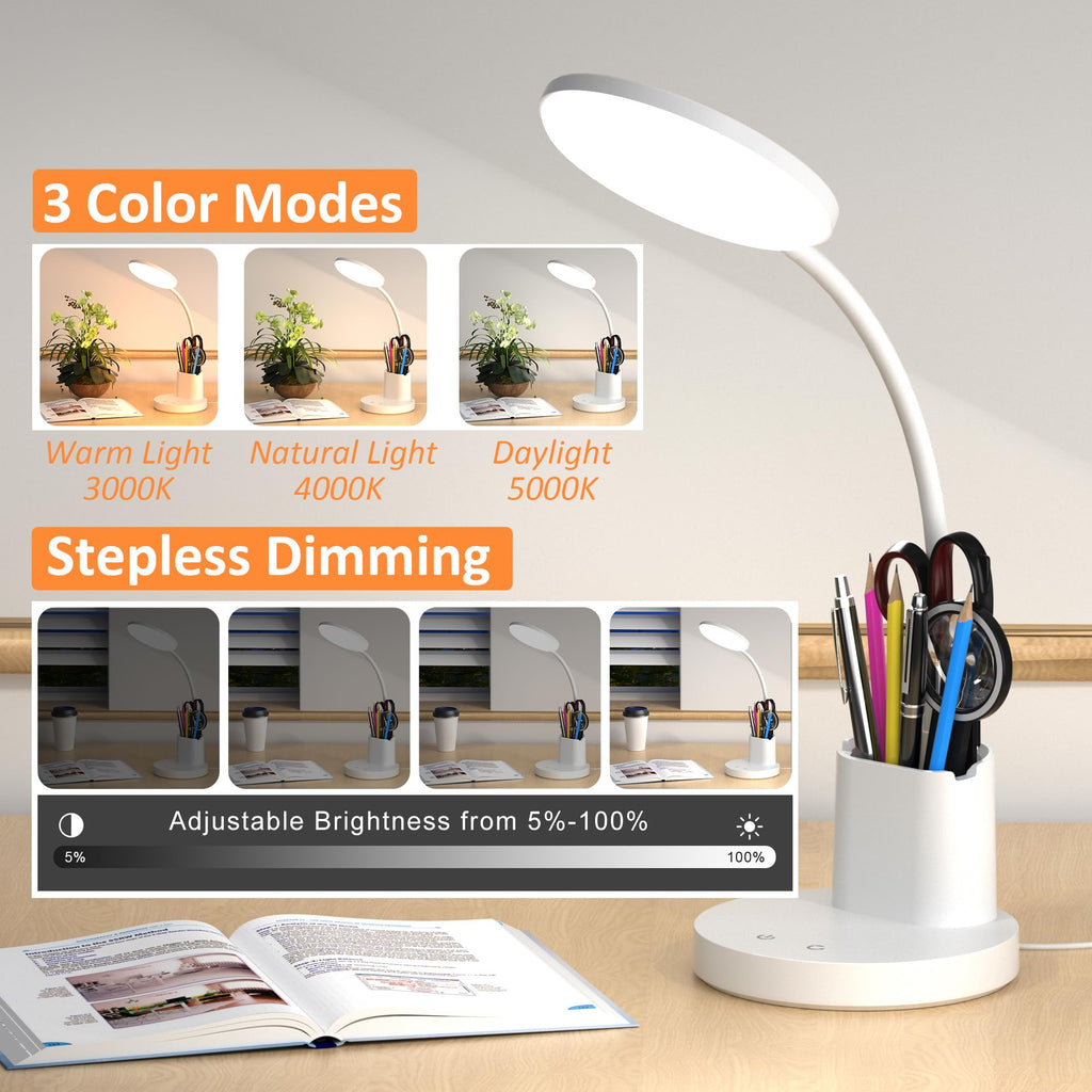 LED Desk Lamp with Wireless Charger for Home Office, Black | 3 Color Modes Dimmable Eye-Caring Study Desk Light for College Dorm Room, 360° Flexible Arm, Built-in Pen Holder, 800 Lumen