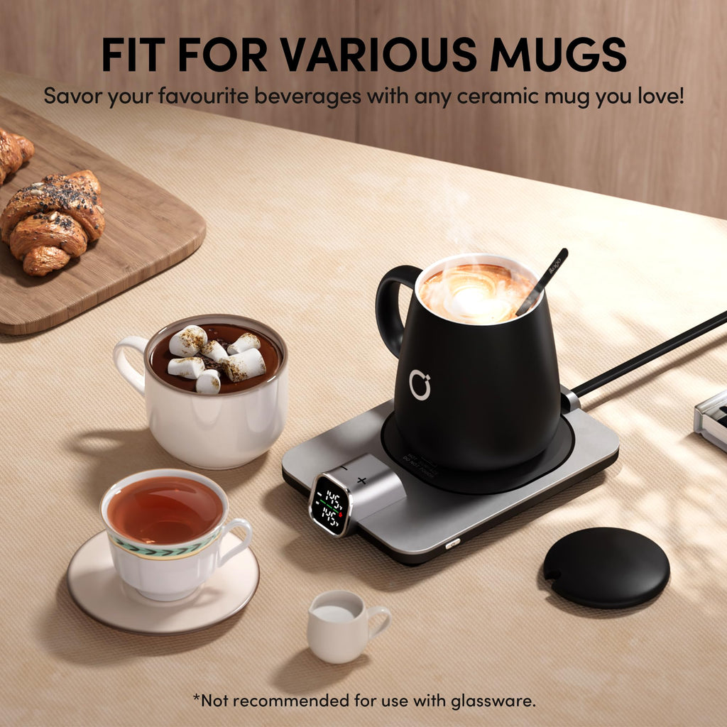 Coffee Cup Warmer & iKago Mug Set, 1℉ Precise Temp Control Mug Warmer | Auto Shut Off, Infrared Sensor, Dual Temp Display, ℉/℃ Optional, 15oz Mug with Spoon & Lid Included, Gifts for Men Women