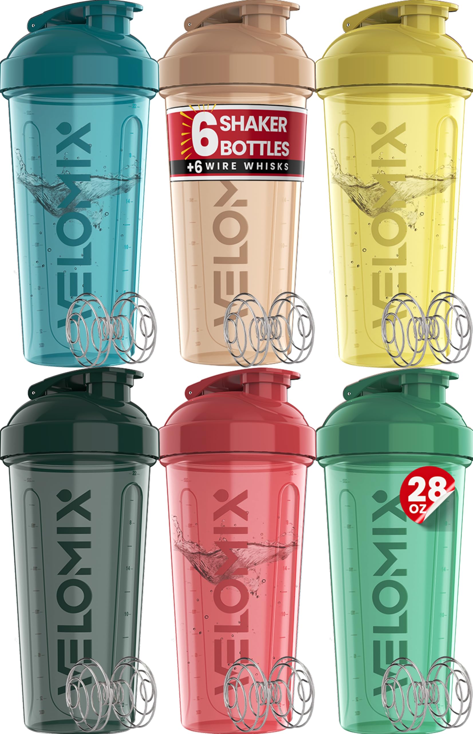 VELOMIX 6 Pack 28 oz Protein Shaker Bottle for Mixes - 6 Wire Whisk Balls | Leak Proof Cups for Supplements | BPA-Free Gym & Fitness (Earth Tones Collection)