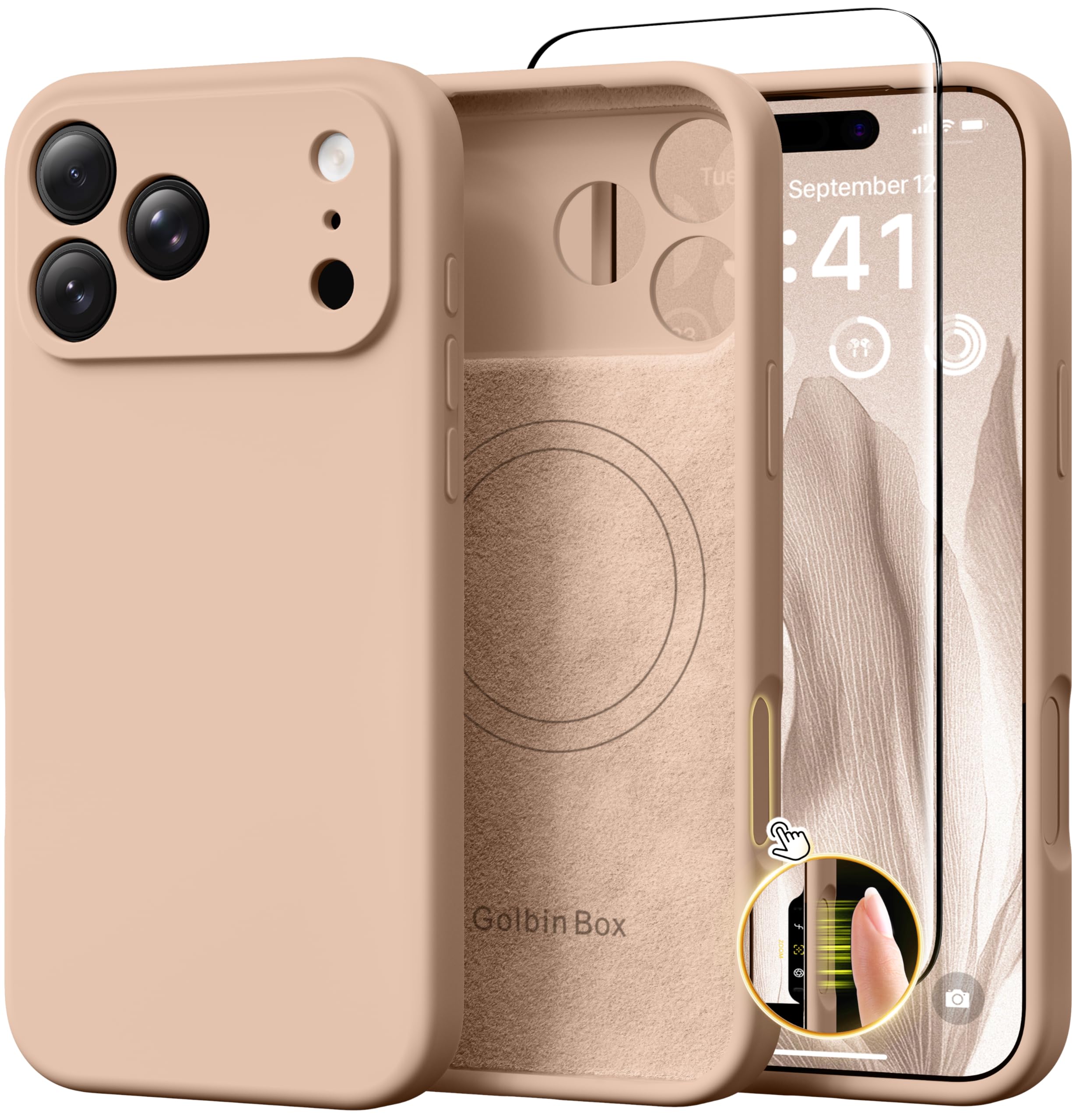 GolbinBox Magnetic for iPhone 17 Pro Max Case, Compatible with MagSafe, [Full Camera Protection] [Screen Protector], Silicone Shockproof Phone Cover with Anti-Scratch Microfiber Lining, Chalk Pink