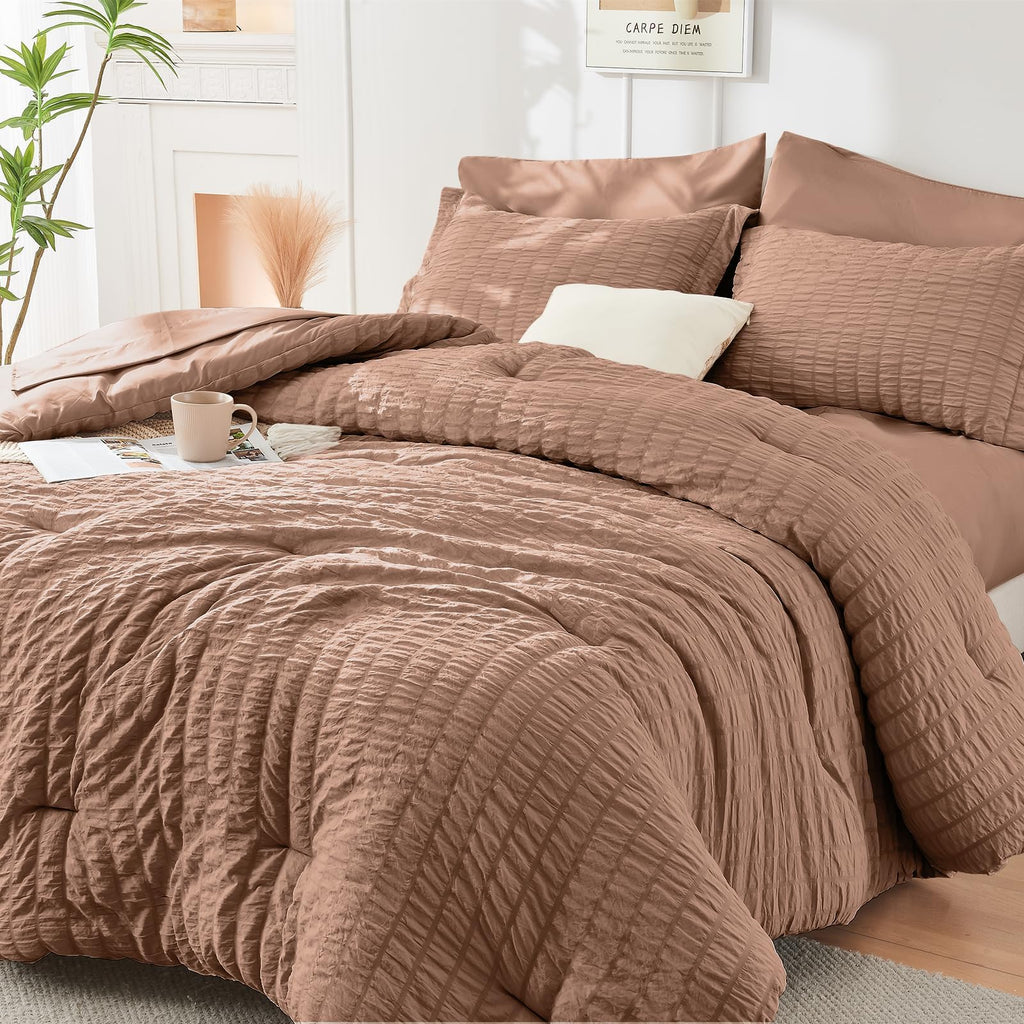 HYMOKEGE Twin XL Comforter Set Seersucker 5 Pieces, All Season Luxury Bed in a Bag for Bedroom, Bedding Set with Comforter, Sheet, Pillowcase & Sham, Dark Grey