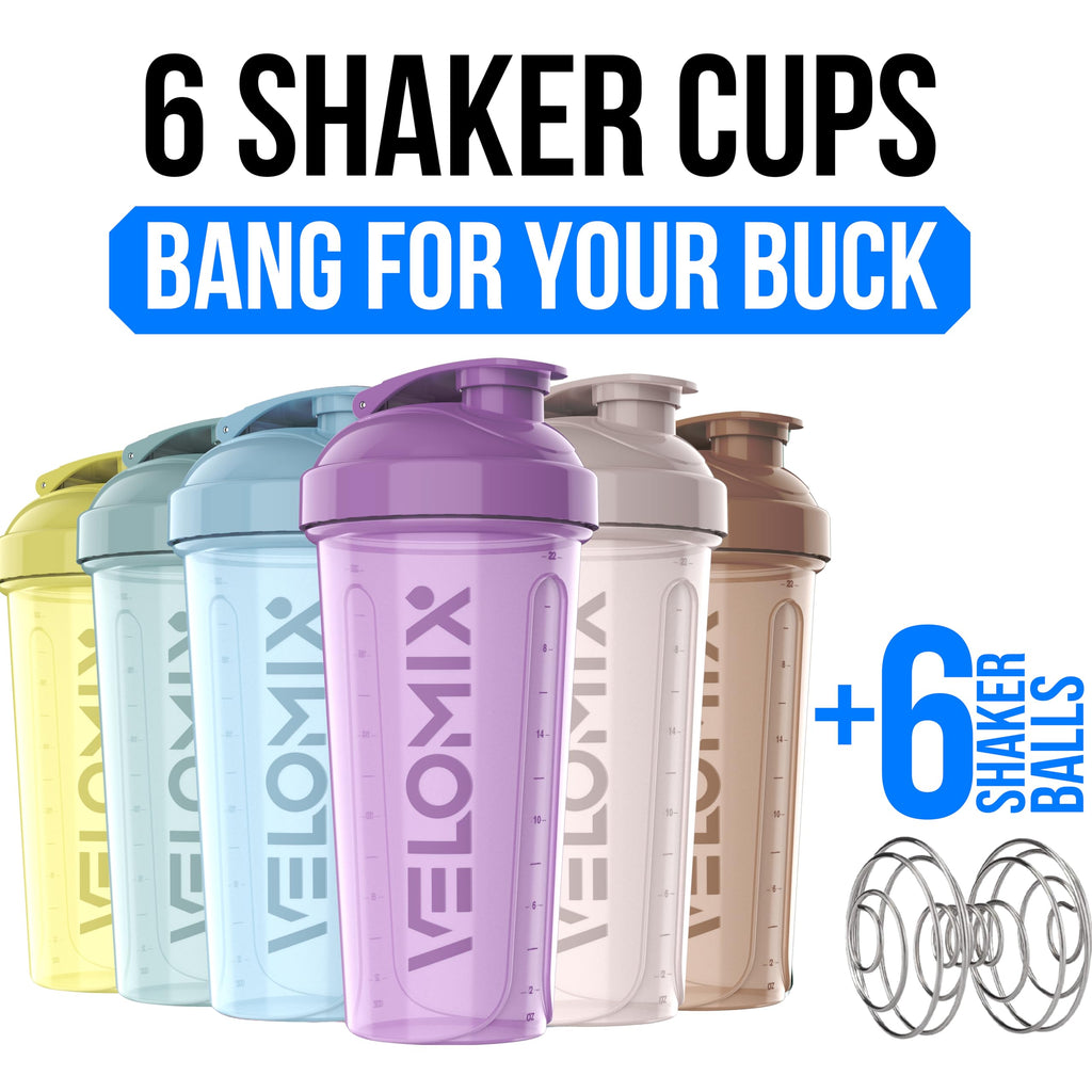VELOMIX 6 Pack 28 oz Protein Shaker Bottle for Mixes - 6 Wire Whisk Balls | Leak Proof Cups for Supplements | BPA-Free Gym & Fitness (Earth Tones Collection)