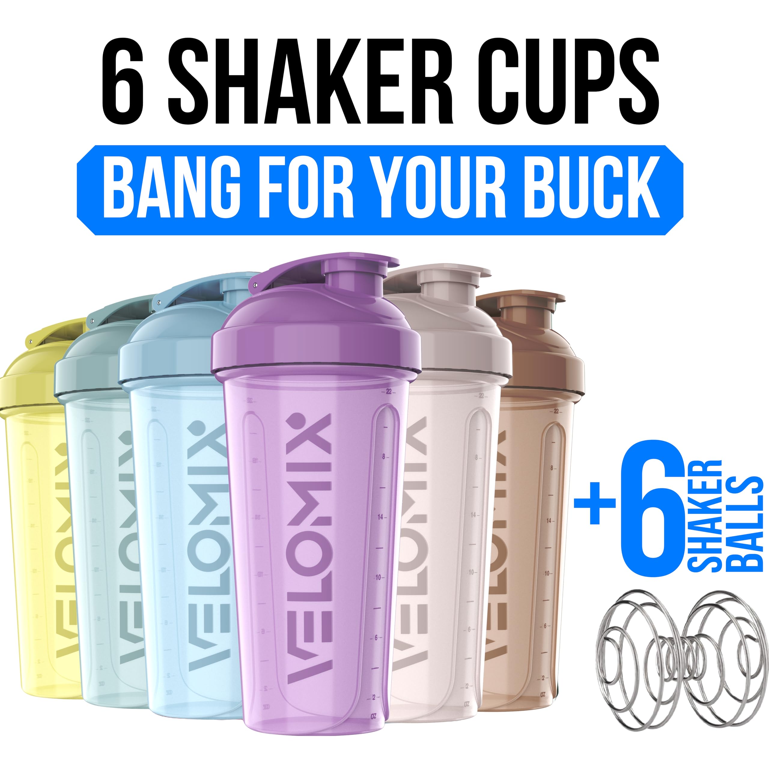 VELOMIX 6 Pack 28 oz Protein Shaker Bottle for Mixes - 6 Wire Whisk Balls | Leak Proof Cups for Supplements | BPA-Free Gym & Fitness (Earth Tones Collection)
