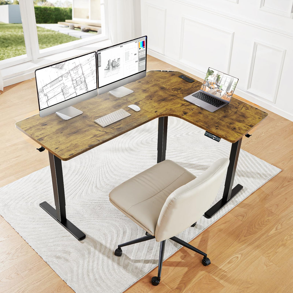 HUANUO 63″ L-Shaped Standing Desk, Built-in Power Outlets, Electric Height Adjustable Corner Computer Desk, Large Power Strip Holder, Sit Stand Up Desk with 3 Preset Heights, Black