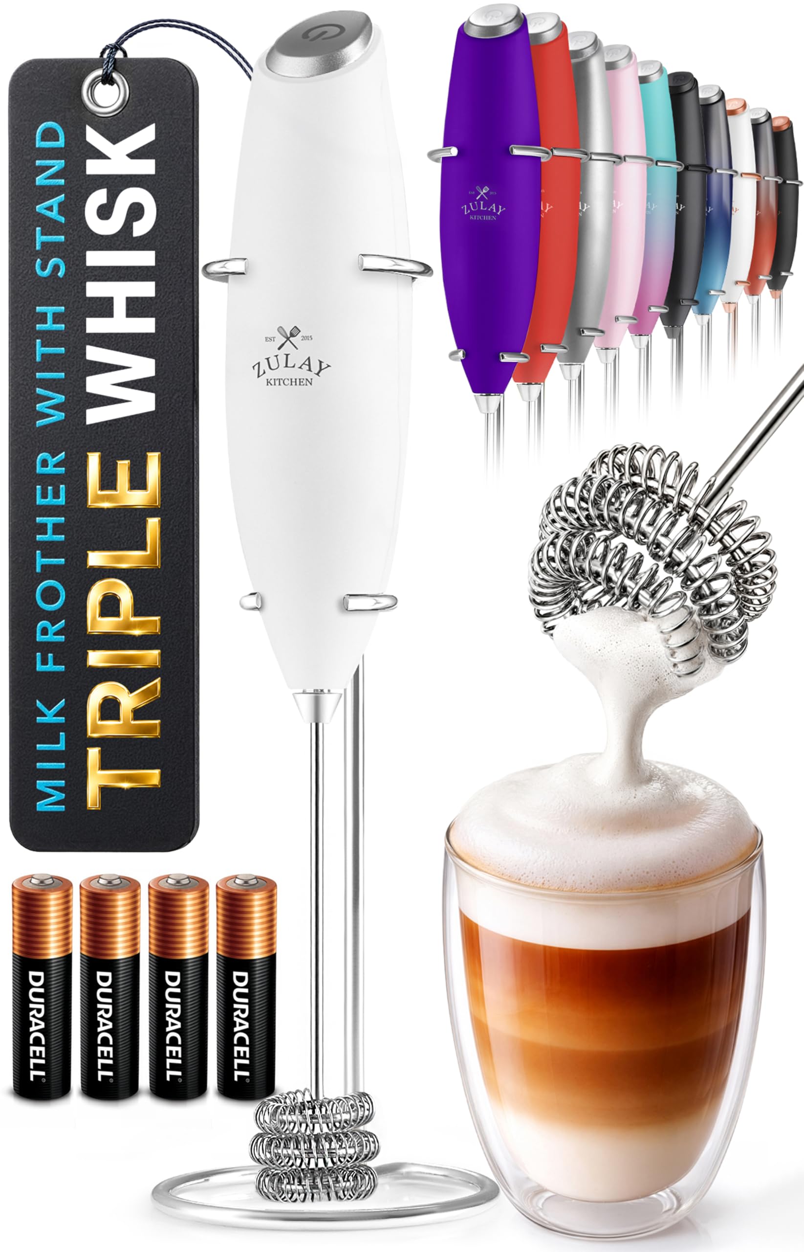 Zulay Kitchen Powerful Milk Frother Wand With Duracell Batteries - Ultra Fast Handheld Drink Mixer - Electric Whisk Foam Maker for Coffee, Lattes, Cappuccino & Matcha - Z1 Motor - Black