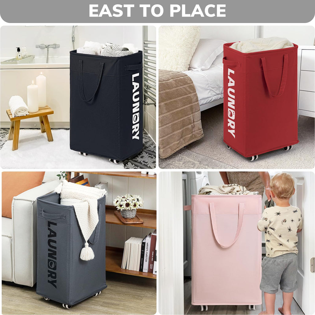 Goodpick Pink Laundry Basket with Wheels, Dorm Room Essentials for Girls, 75L Collapsible Laundry Basket, Laundry Hamper with Handle for College Dorm