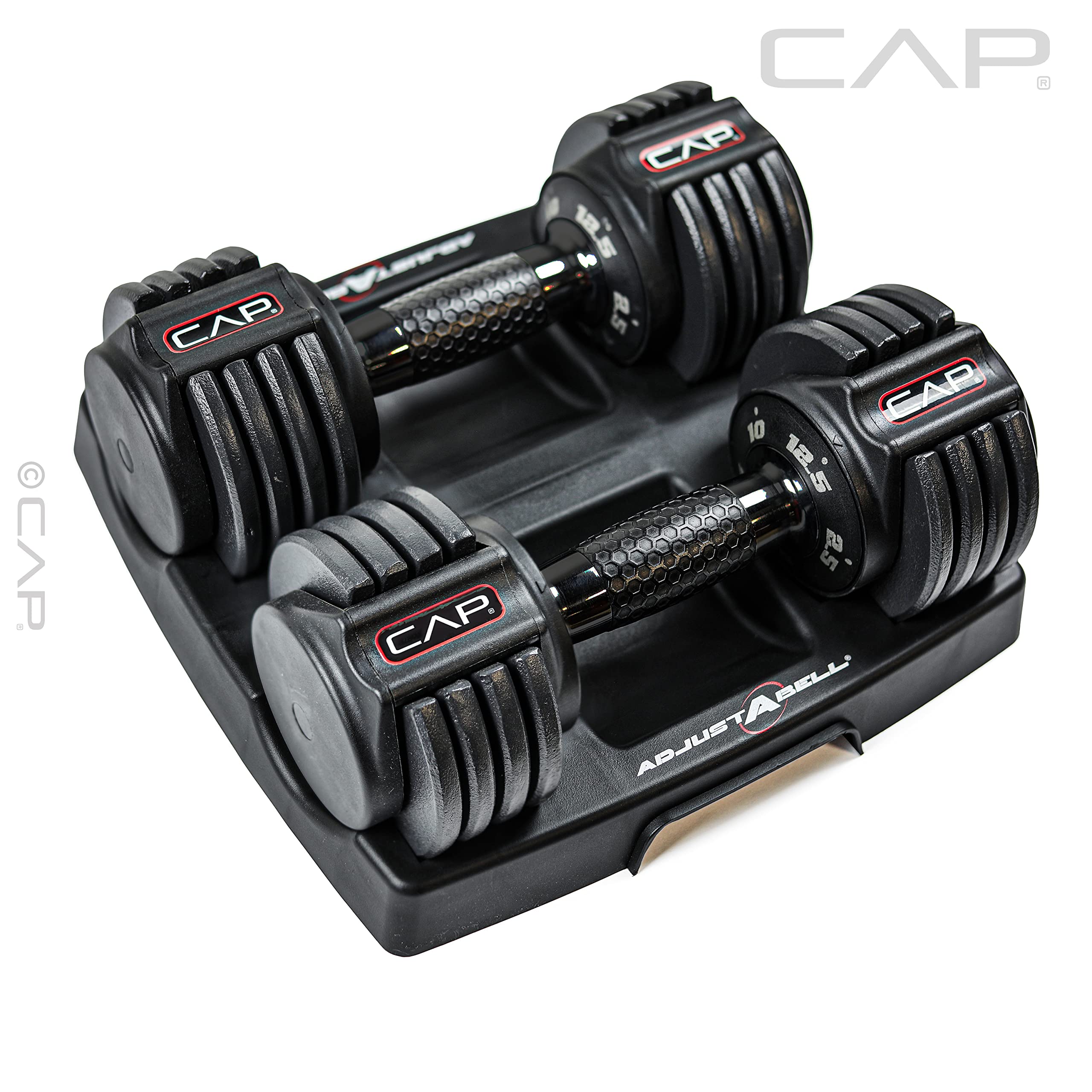 CAP ADJUSTABELL Adjustable Dumbbell Set, Premium Quick Select Adjustable Weights for Strength Training, Singles & Pairs, 12.5 LB, 25 LB & 55 LB, Round & Hex Dumbbells, Multiple Grip Handle Options