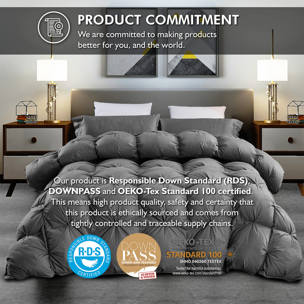 Luxurious All-Season Goose Down Feather Fiber Comforter California King Size Duvet Insert, Exquisite Pinch Pleat Design, Premium Baffle Box, 100% Egyptian Cotton Cover, 80 oz. Fill Weight, Black