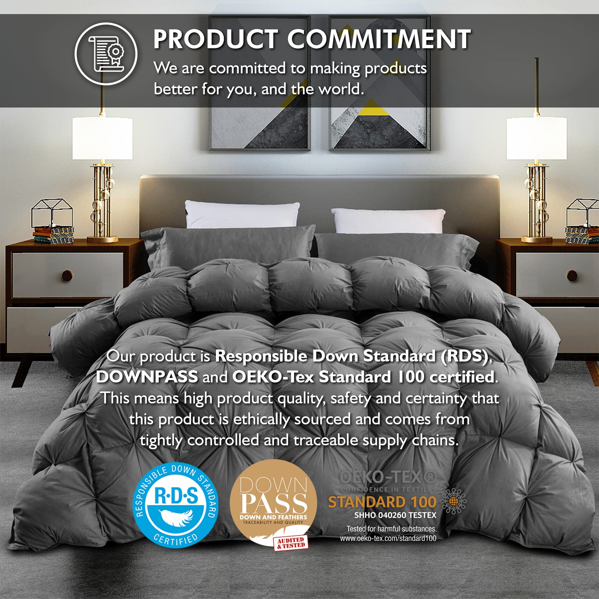 Luxurious All-Season Goose Down Feather Fiber Comforter California King Size Duvet Insert, Exquisite Pinch Pleat Design, Premium Baffle Box, 100% Egyptian Cotton Cover, 80 oz. Fill Weight, Black
