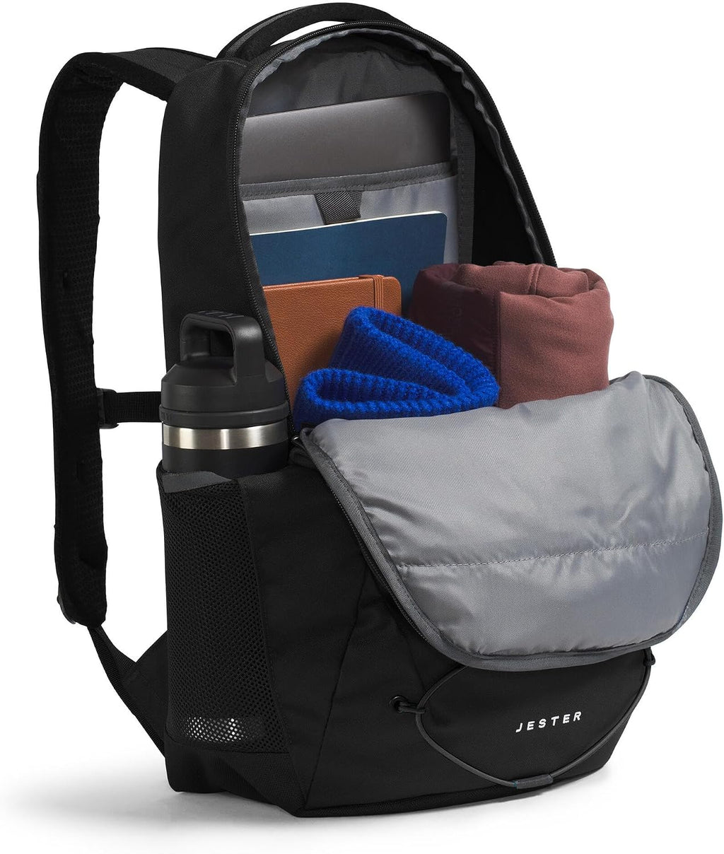 The North Face Jester Everyday Laptop Backpack - Commuter Daypack, Water Repellent, Laptop Sleeve, TNF Black-NPF, One Size | 28L recycled polyester with DWR finish, padded 16 in sleeve, chiropractor-endorsed FlexVent suspension, bottle pockets