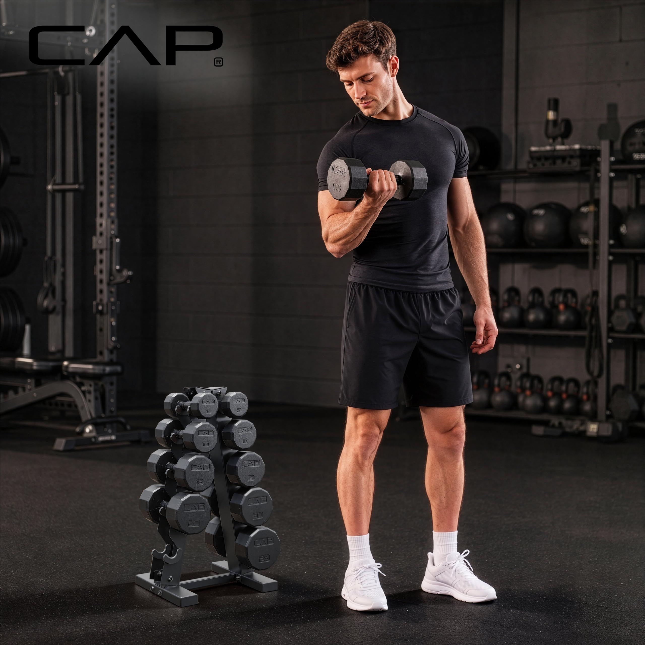CAP Rubber Coated Hex Dumbbell Set with Storage Rack | 100–210 lb Options, Space-Saving Vertical Compact Storage for Home Gym Strength Training