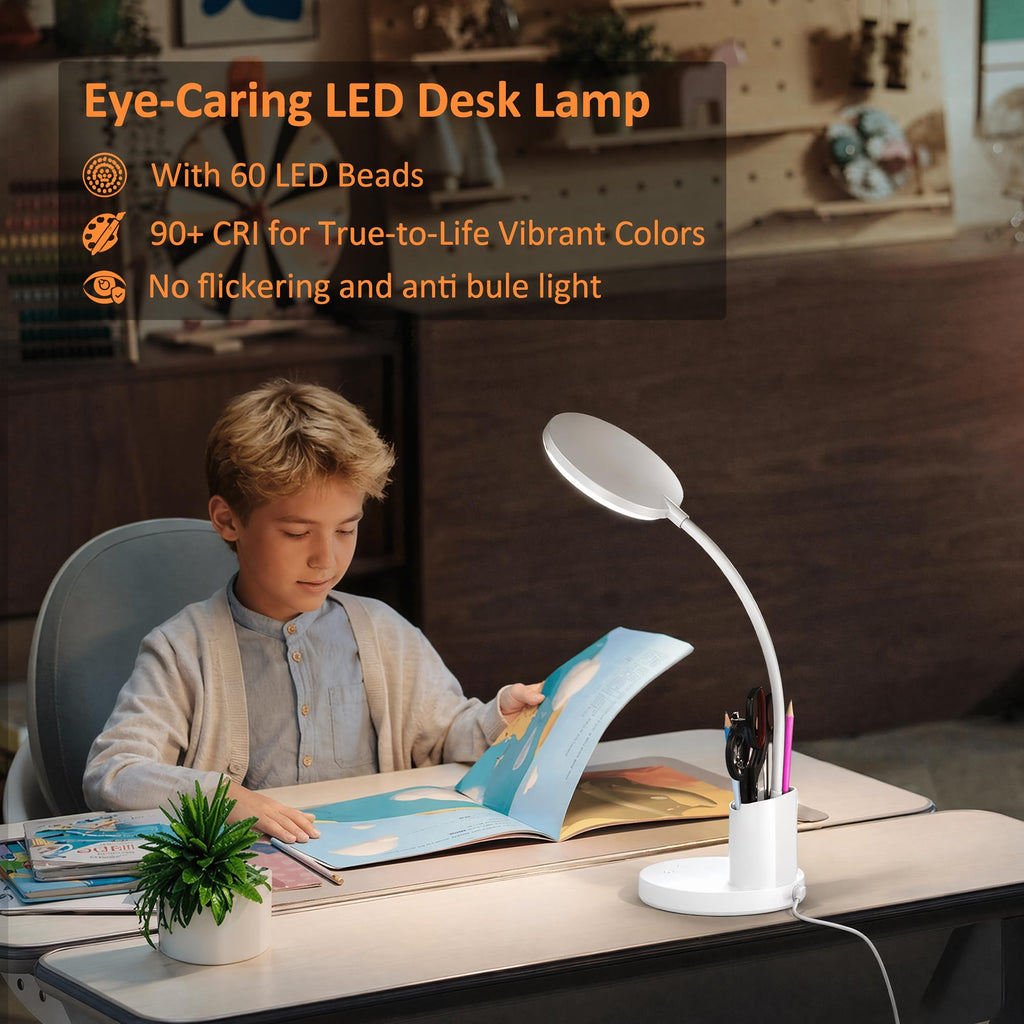 LED Desk Lamp with Wireless Charger for Home Office, Black | 3 Color Modes Dimmable Eye-Caring Study Desk Light for College Dorm Room, 360° Flexible Arm, Built-in Pen Holder, 800 Lumen