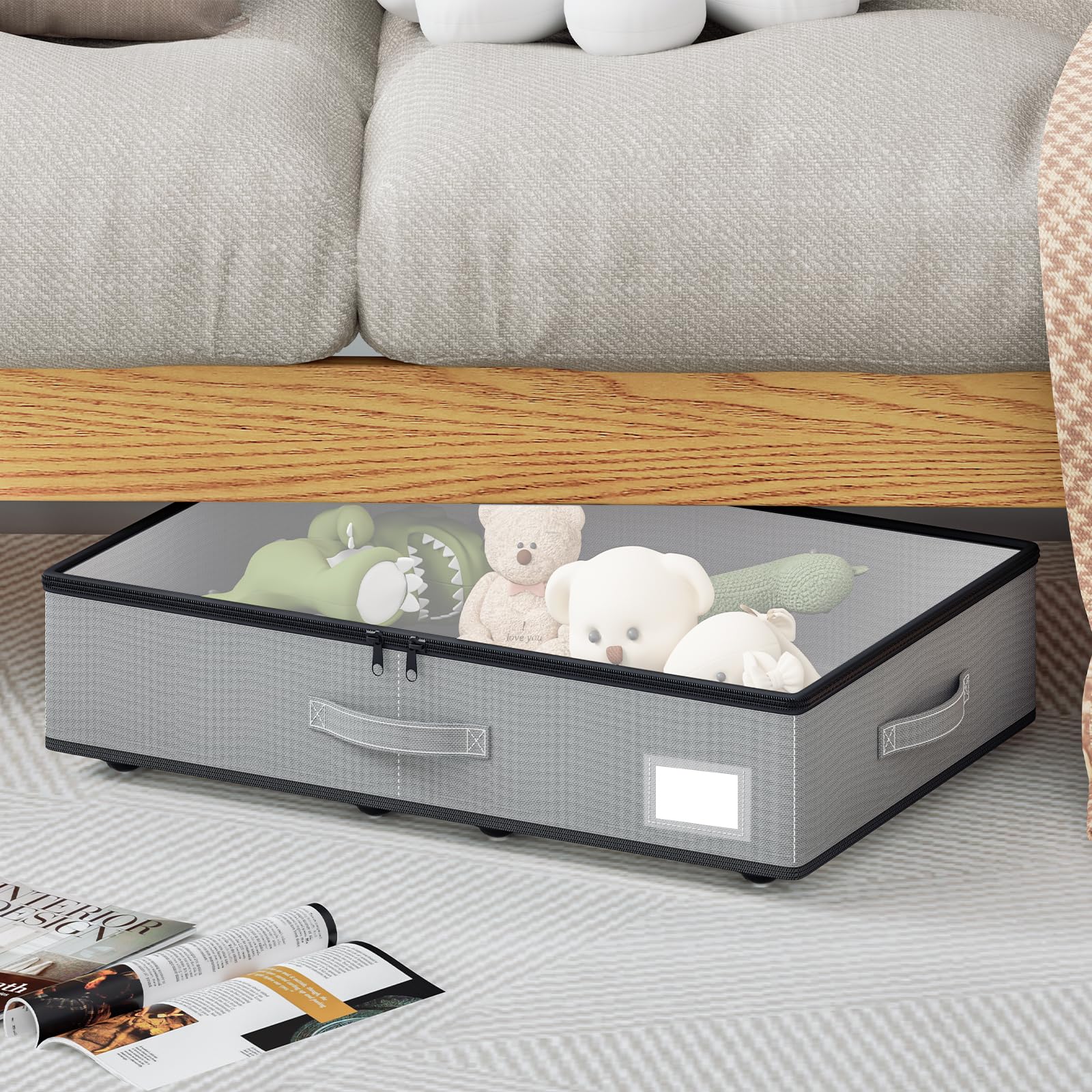 EE-RoomWorld Under Bed Storage with Wheels, No Assemble Required 10 inches height Under Bed Storage bins,Large capacity Rolling Underbed Shoe Storage containers，dorm underbed storage drawers