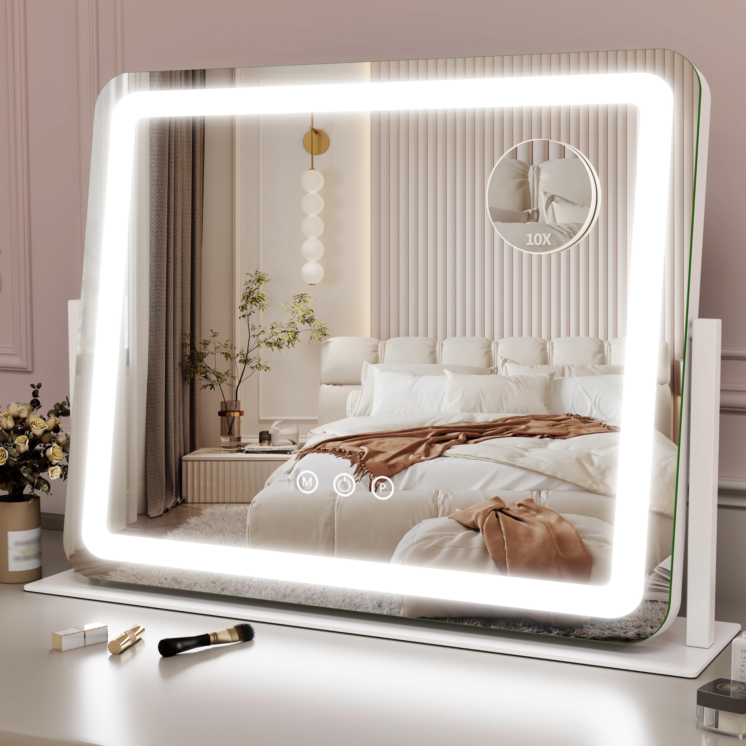 ROLOVE Vanity Mirror with Lights, 12.6"x15" LED Makeup Mirror with Lights, Smart Touch Control 3 Color Dimmable, Lighted Desk Mirror for Bedroom, Light Up Mirror