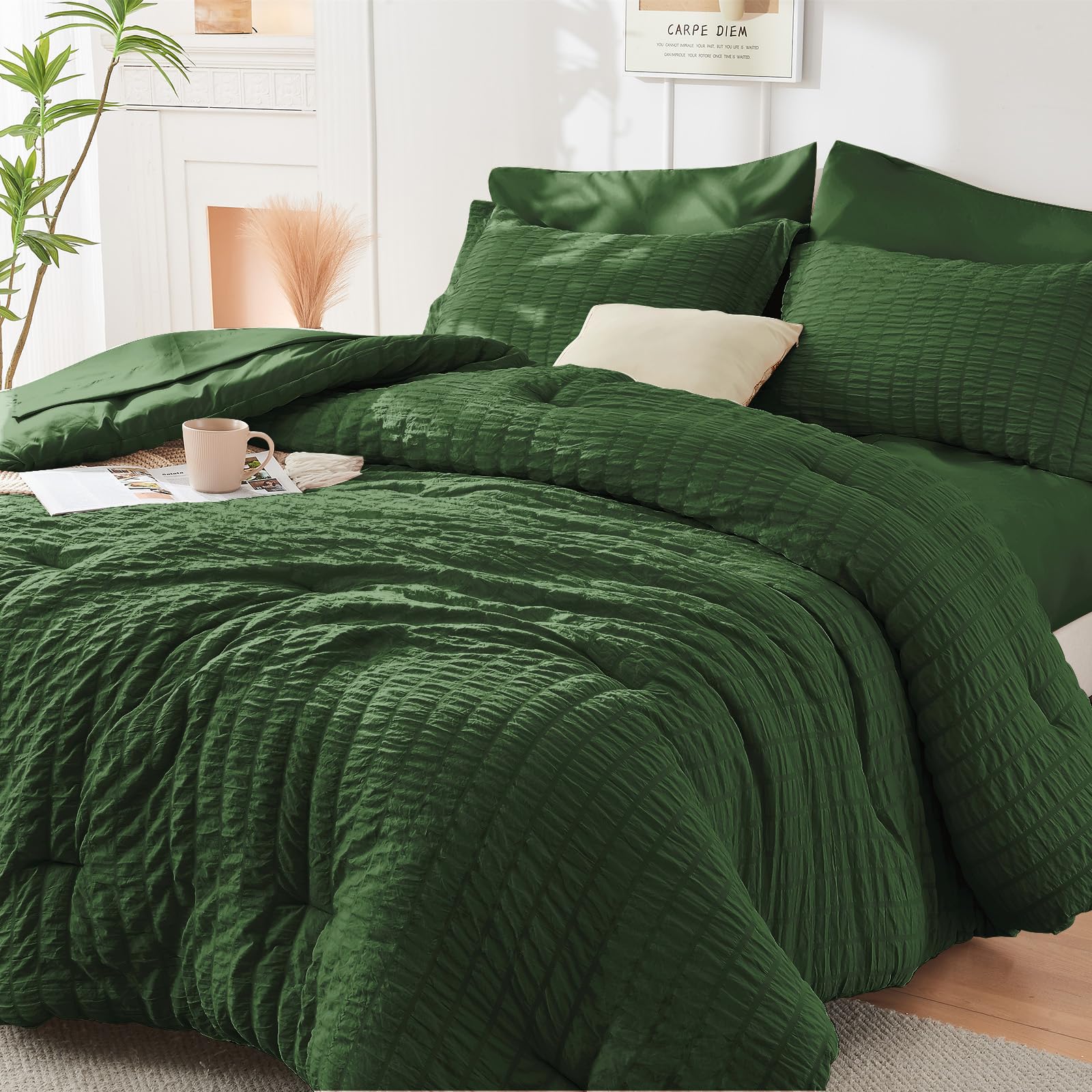 HYMOKEGE Twin XL Comforter Set Seersucker 5 Pieces, All Season Luxury Bed in a Bag for Bedroom, Bedding Set with Comforter, Sheet, Pillowcase & Sham, Dark Grey