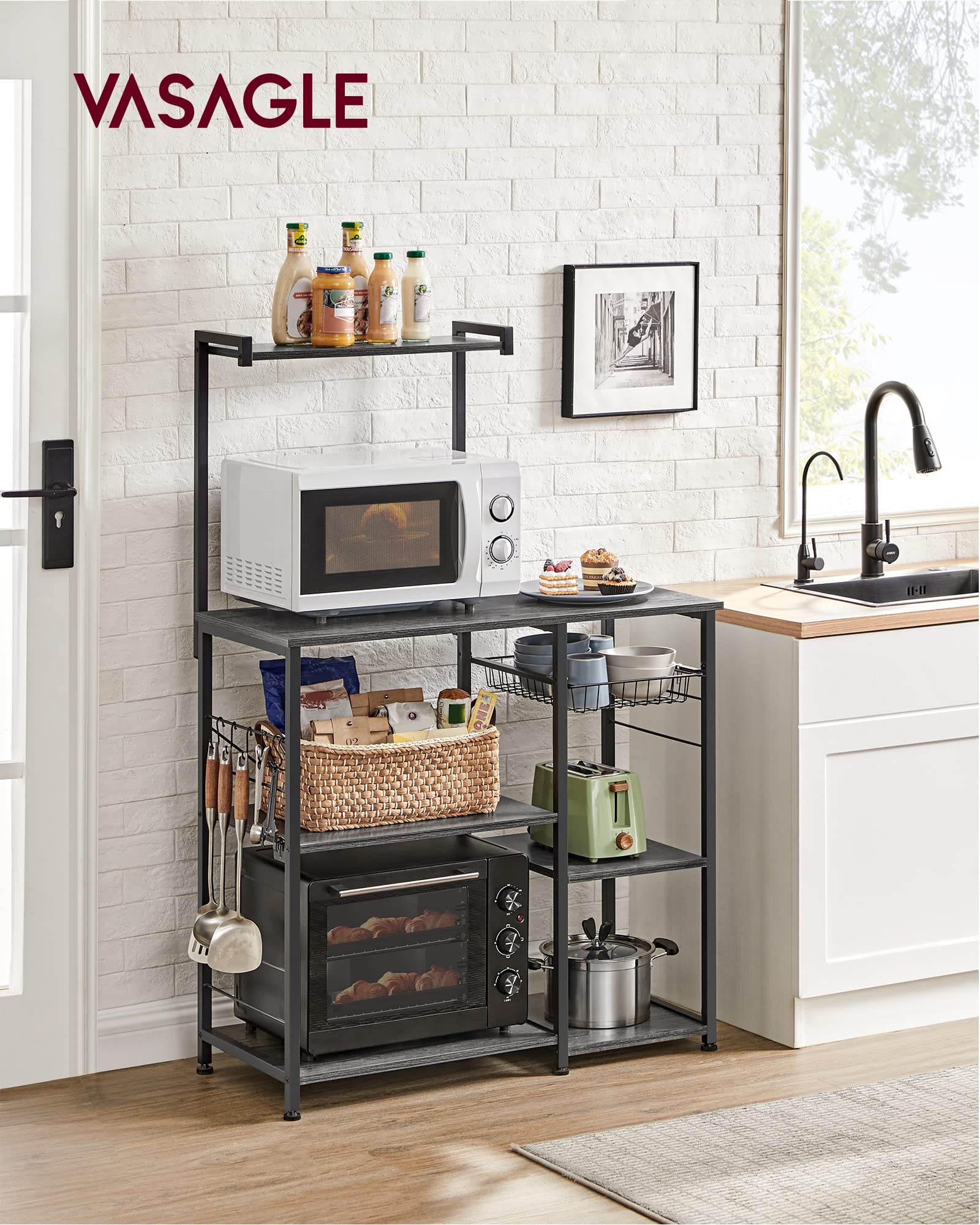 VASAGLE Kitchen Bakers Rack with Power Outlet, Coffee Bar with 35.4-Inch High Worktop, Microwave Stand with 8 Hooks, 15.7 x 31.5 x 66.9 Inches, Golden Oak and Cloud White UKKS059Y01