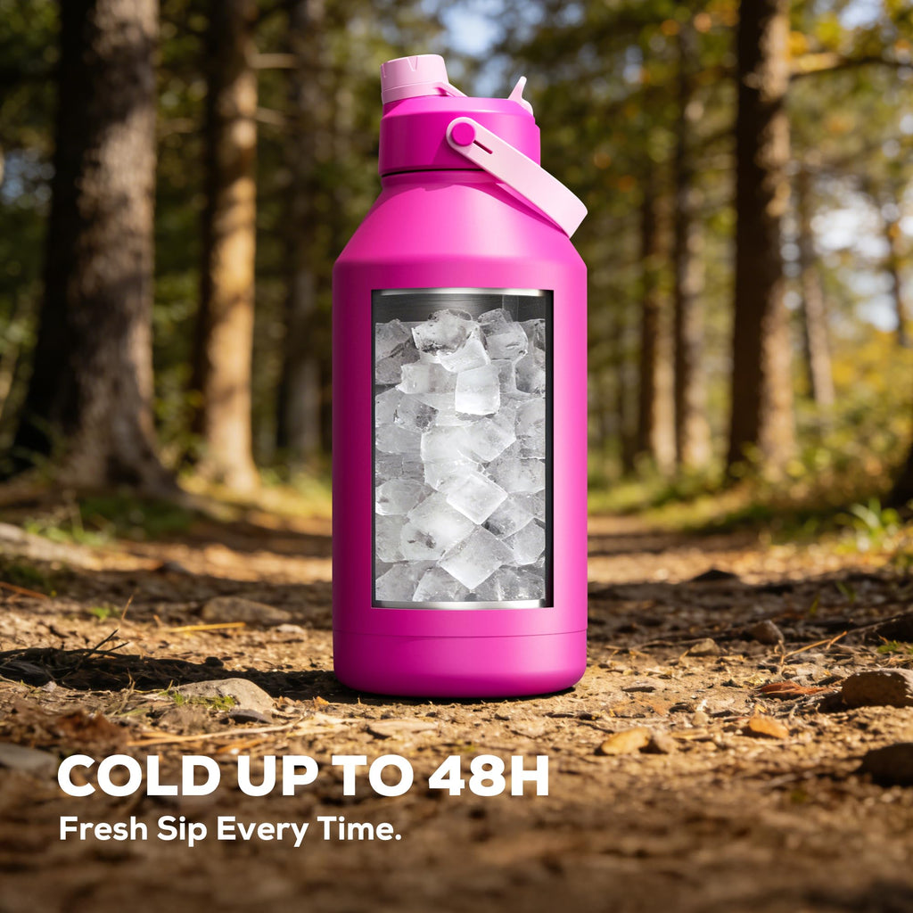 POWCAN 64 oz Insulated Water Bottle for Sports: 2-in-1 Straw & Spout Lid, Leakproof, Carrier Bag, Shoulder Strap, Keep Cold 48H, BPA-Free, Half Gallon Metal Water Jug for Gym, Travel, Gift (Midnight)