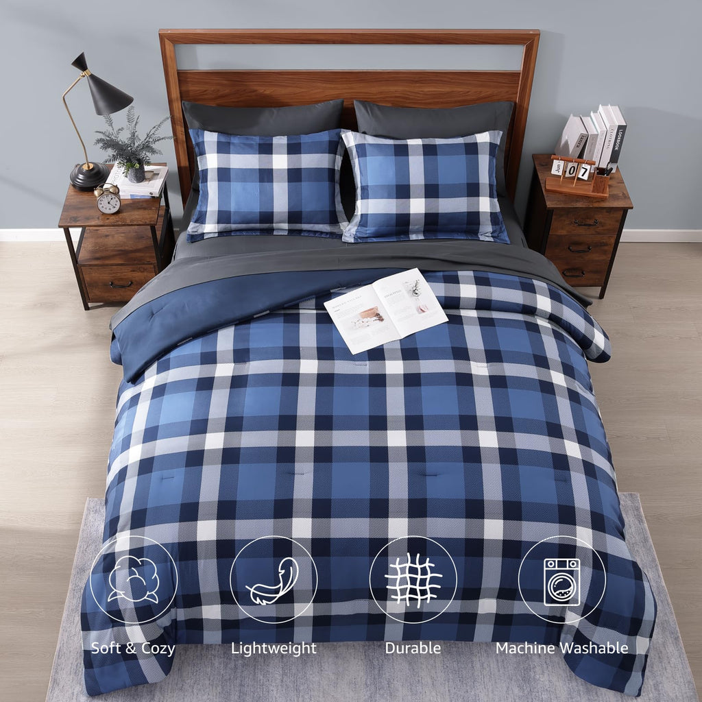 MaiRêve Plaid Twin XL Comforter Set Navy Blue 5 Pieces Dorm Bed in a Bag | Rustic Farmhouse Bedding Sets for Boys Teen with Sheets, Pillowcase & Sham